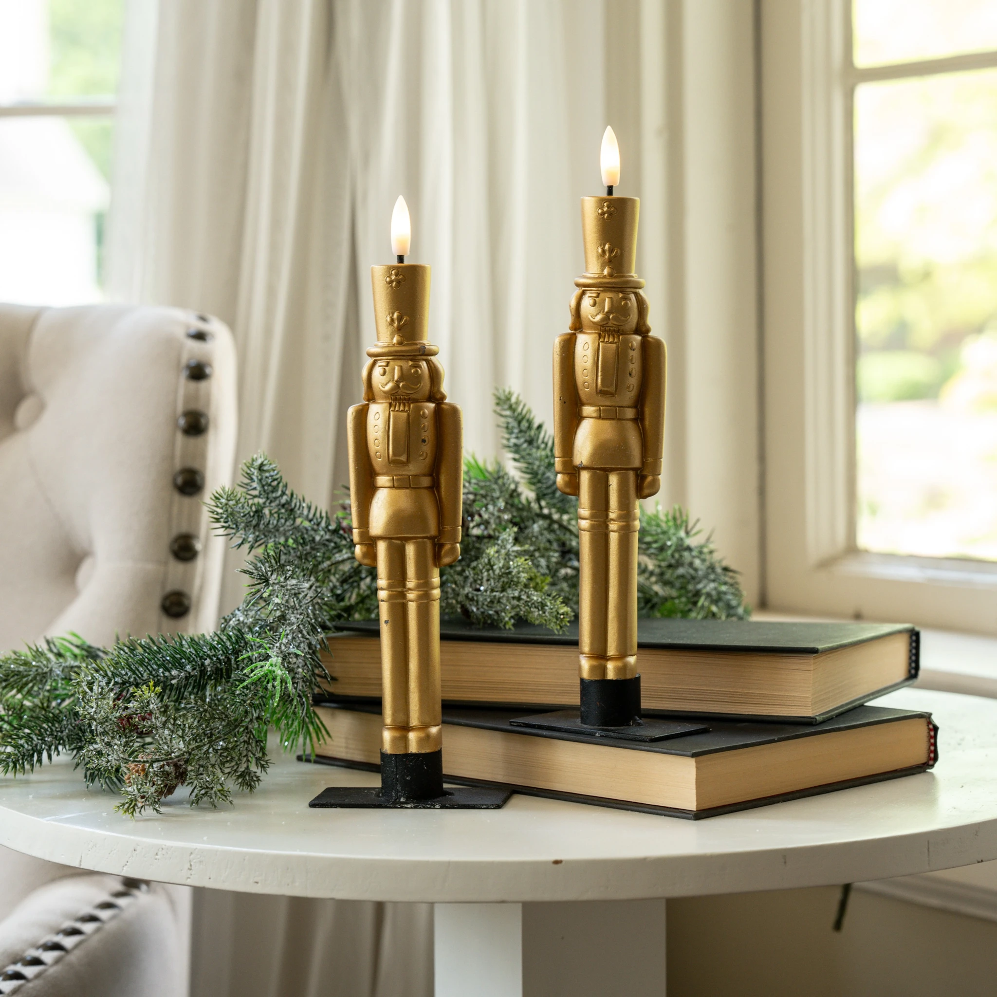 Flameless Gold Nutcracker Taper Candles, Set of 2, 9.75"