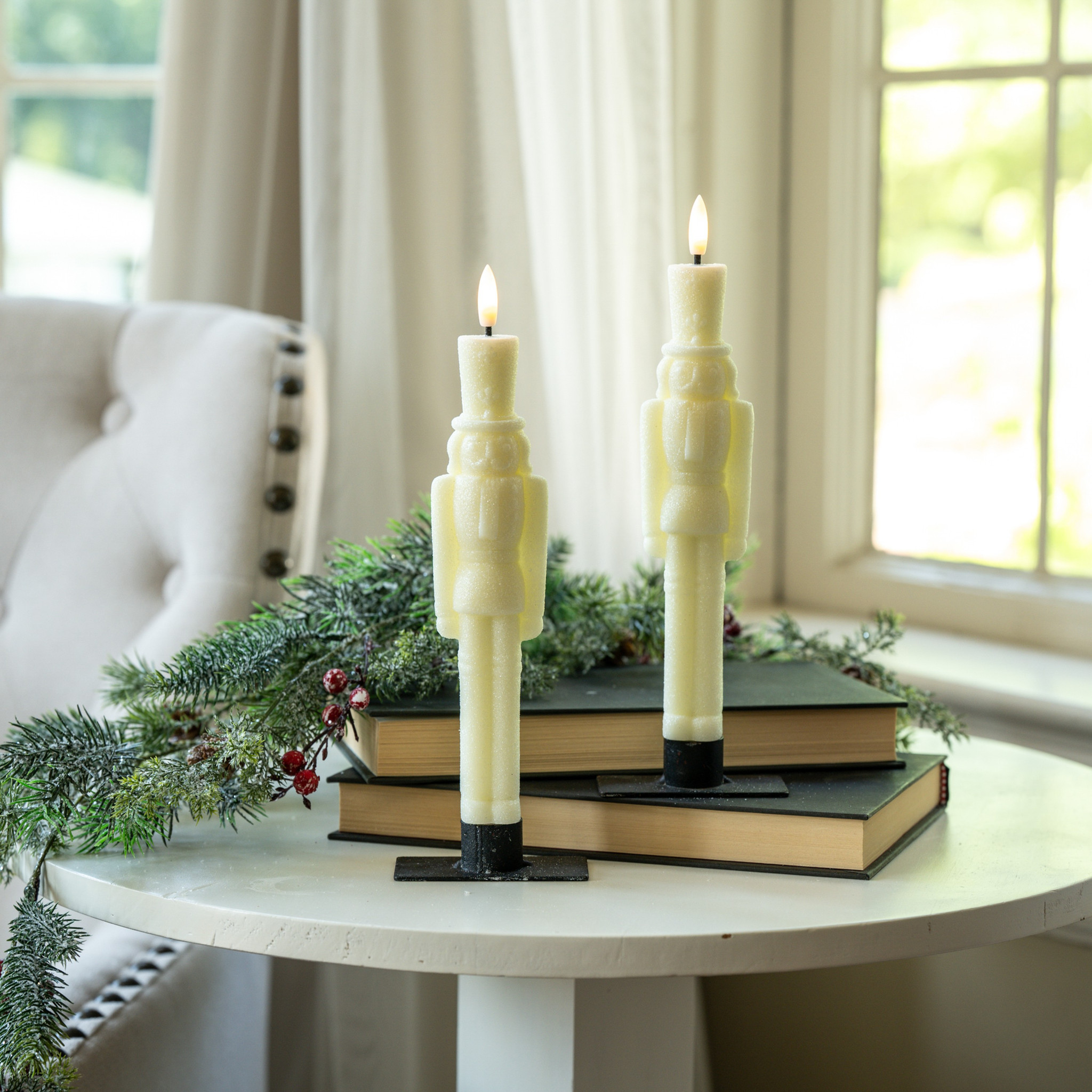 Flameless Cream Shimmer Nutcracker Taper Candles, Set of 2, 9.75"