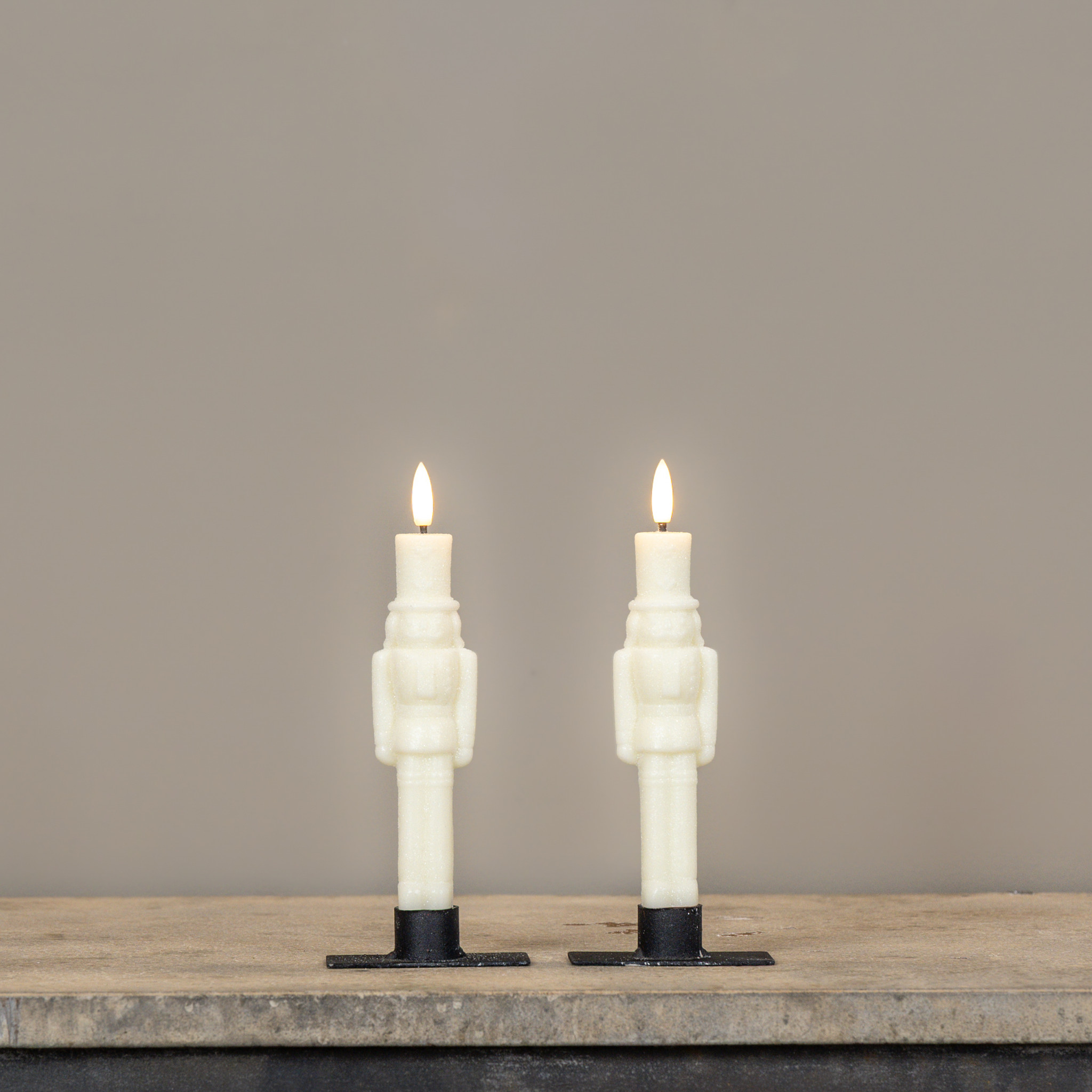 Flameless Cream Shimmer Nutcracker Taper Candles, Set of 2, 7.5"