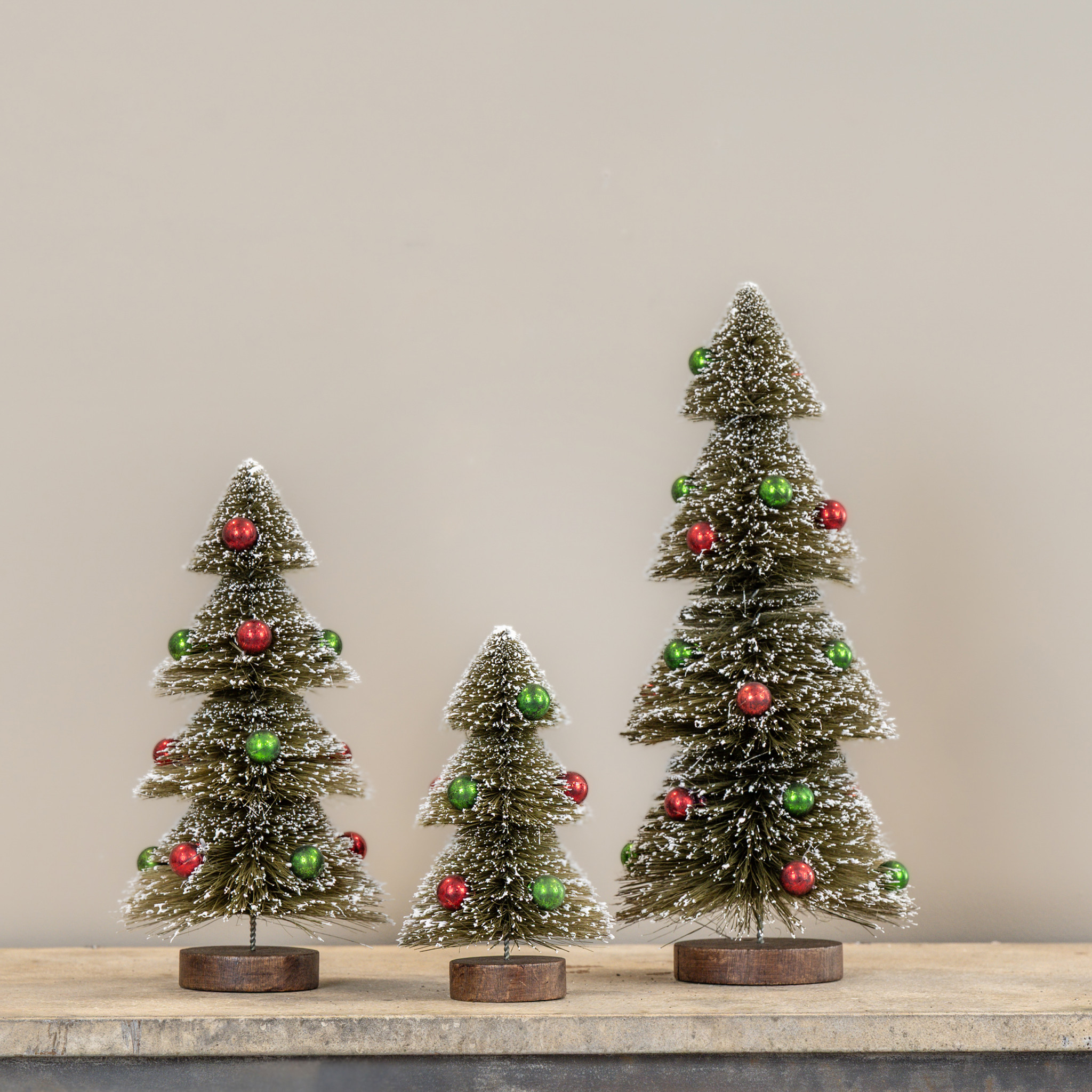 Snowy Bottlebrush Trees with Ornaments, Set of 3, photo 2 of 3