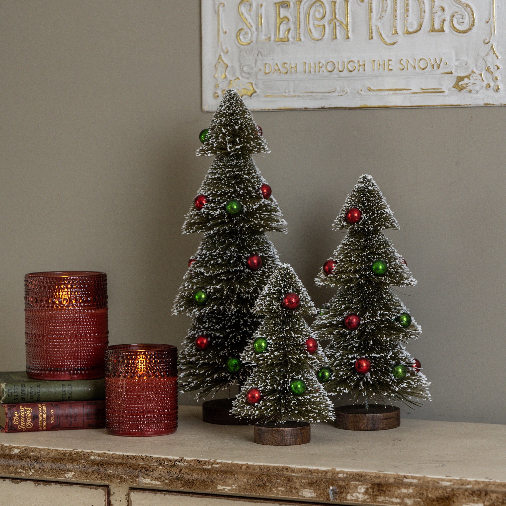 Snowy Bottlebrush Trees with Ornaments, Set of 3