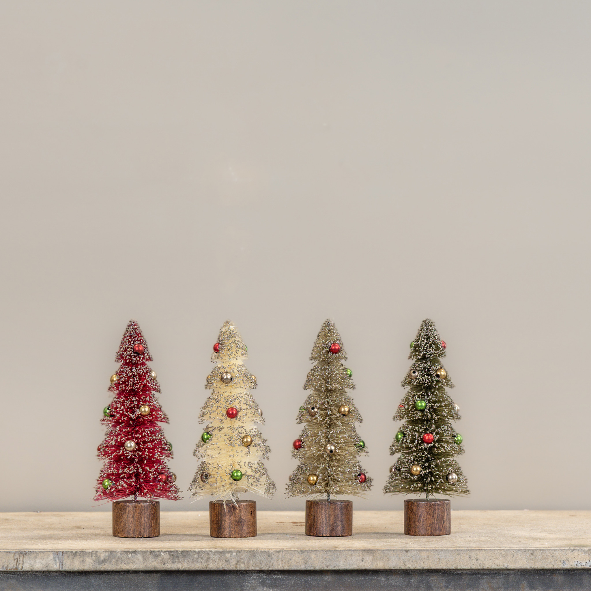 Classic Snowy Bottlebrush Trees with Ornaments, Set of 4, 8.75"