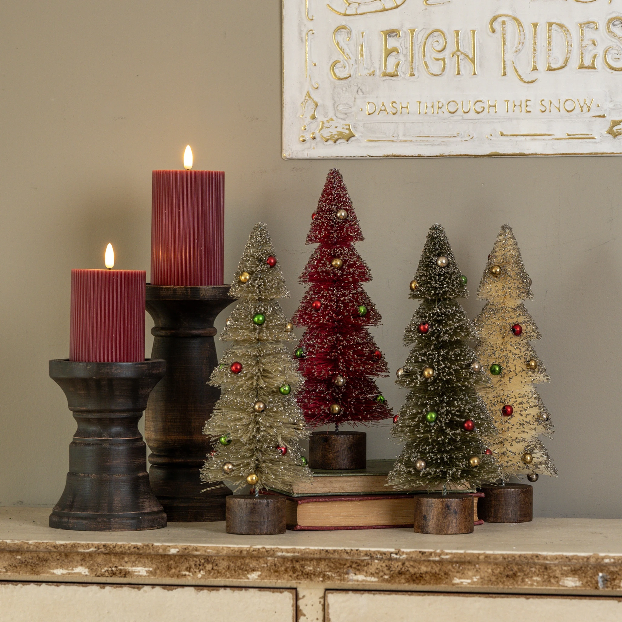 Classic Snowy Bottlebrush Trees with Ornaments, Set of 4, 12"