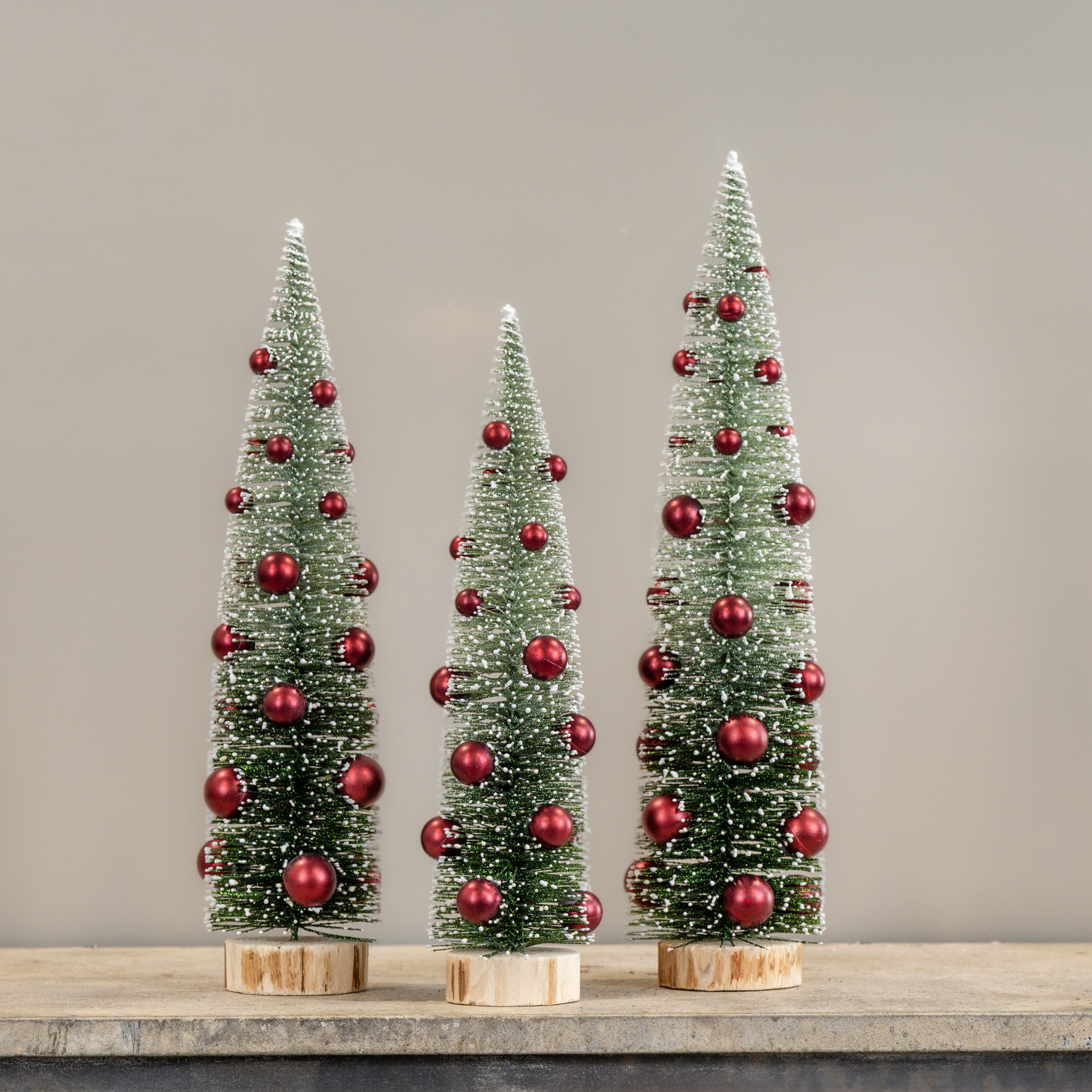 Ombre Bottlebrush Trees with Red Ornaments, Set of 3, photo 2 of 3