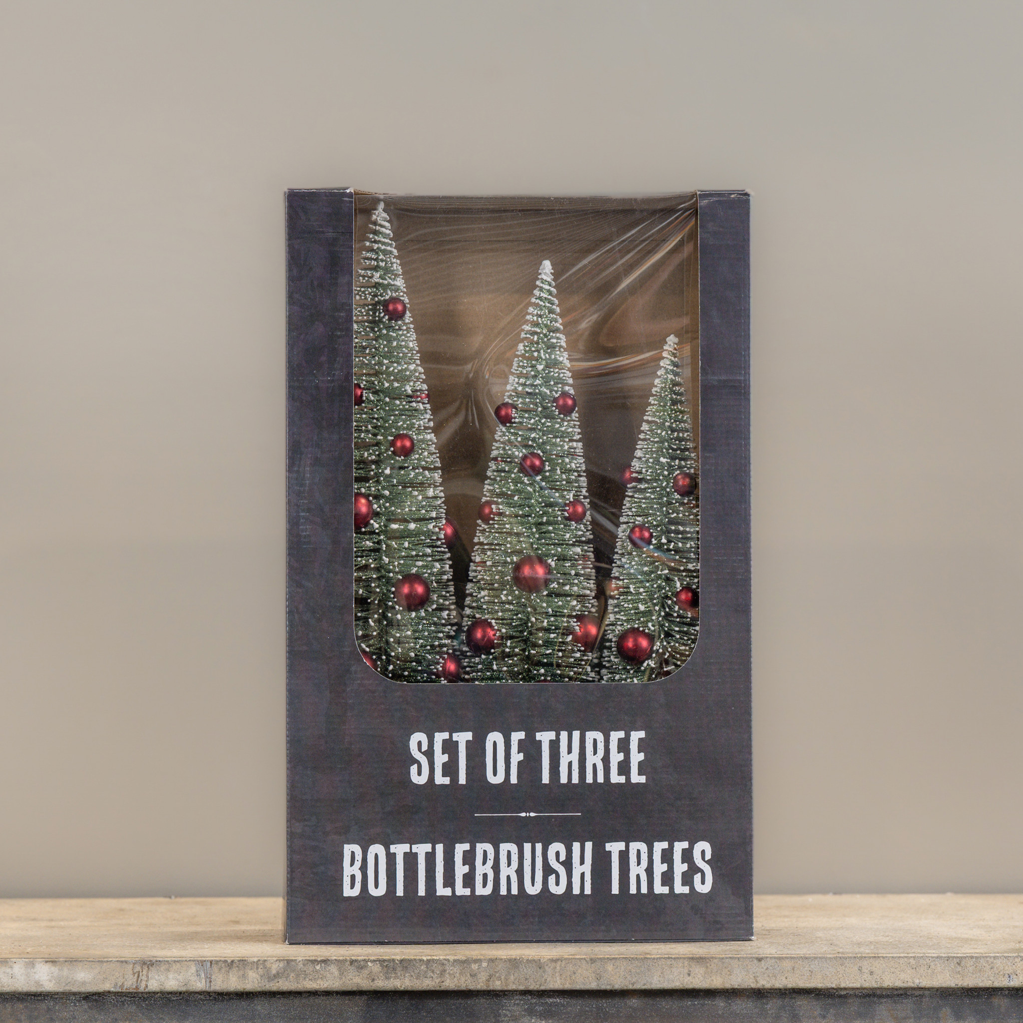 Ombre Bottlebrush Trees with Red Ornaments, Set of 3, photo 3 of 3