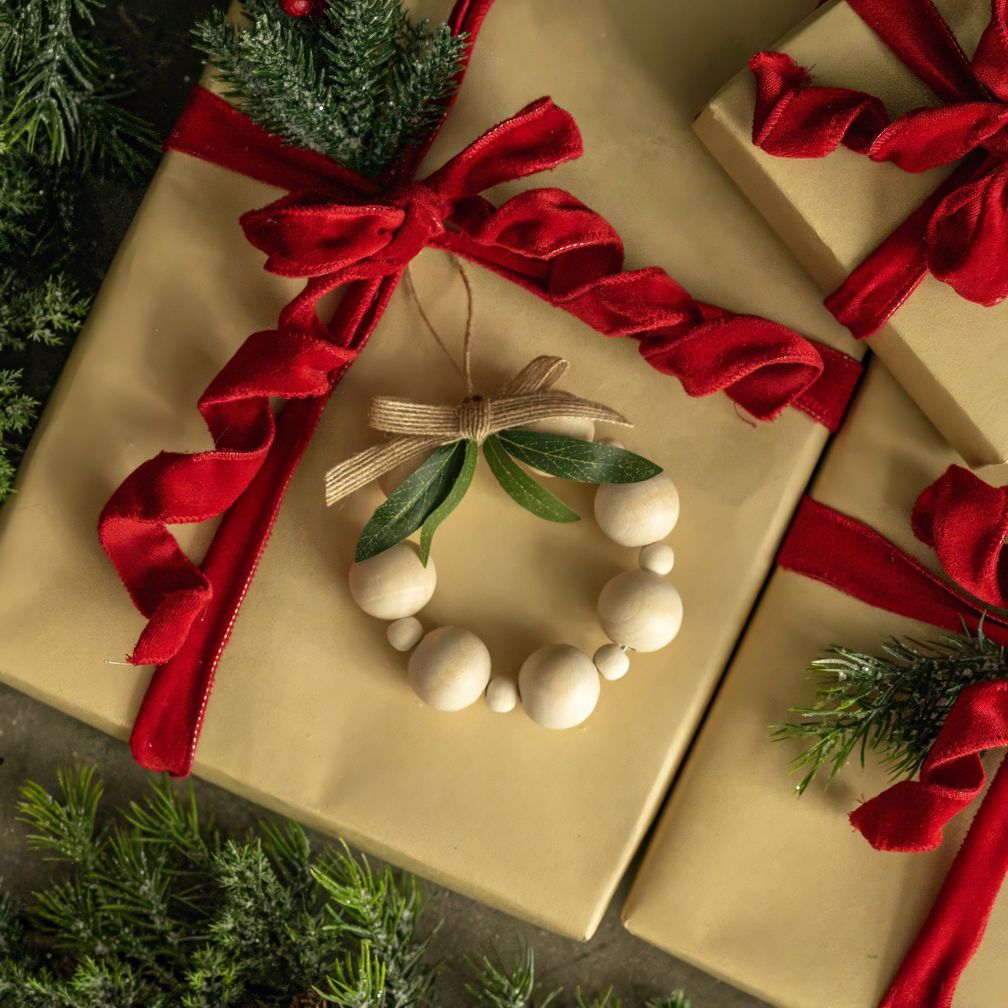 Natural Wood Bead Wreath Ornament, photo 2 of 2