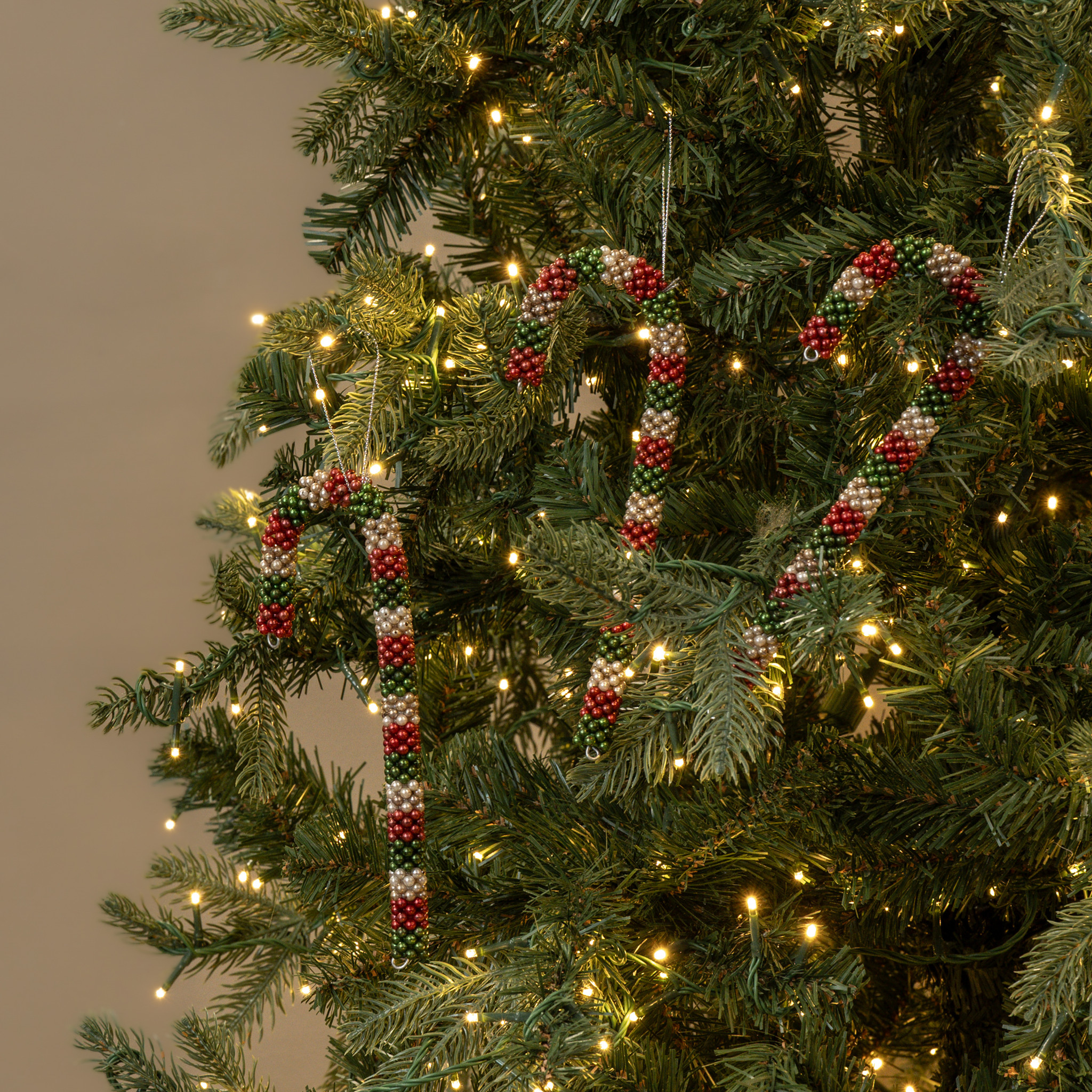Green, Red & White Beaded Candy Cane Ornament, Set of 3