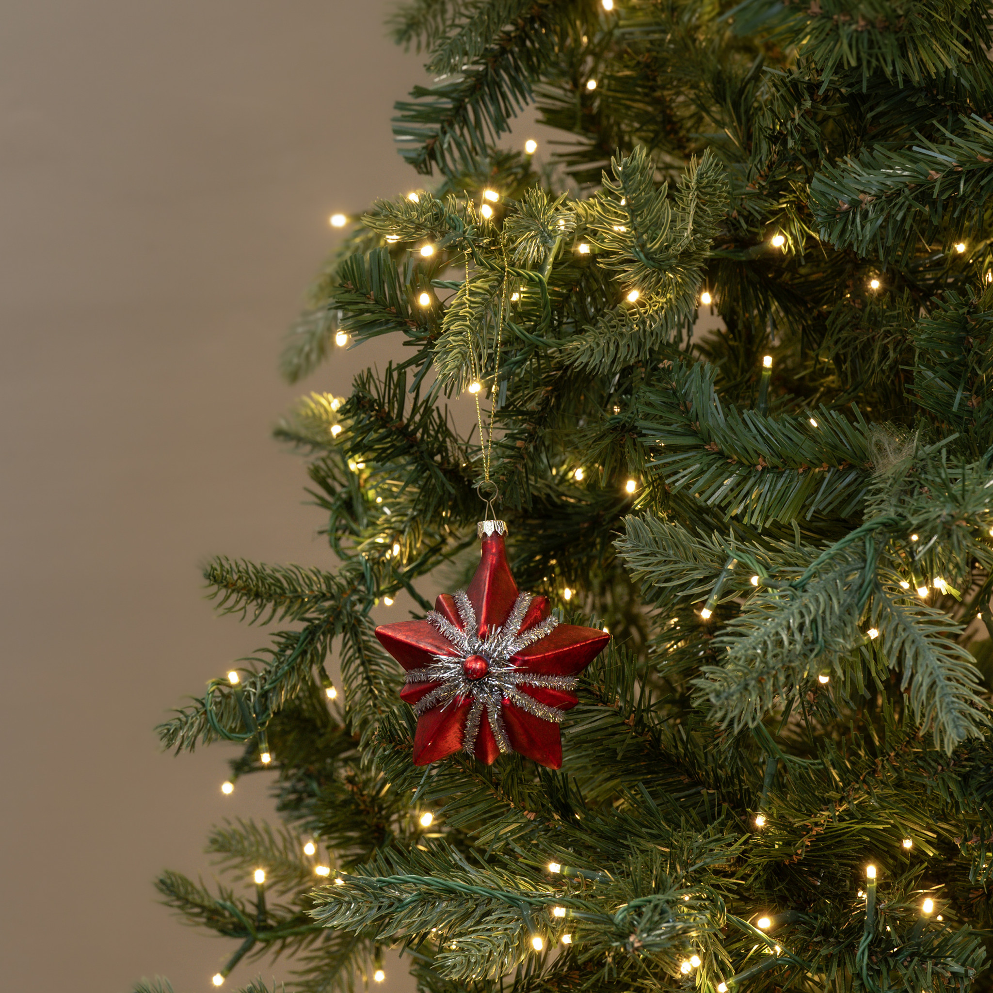 Red Star Ornament with Silver Tinsel