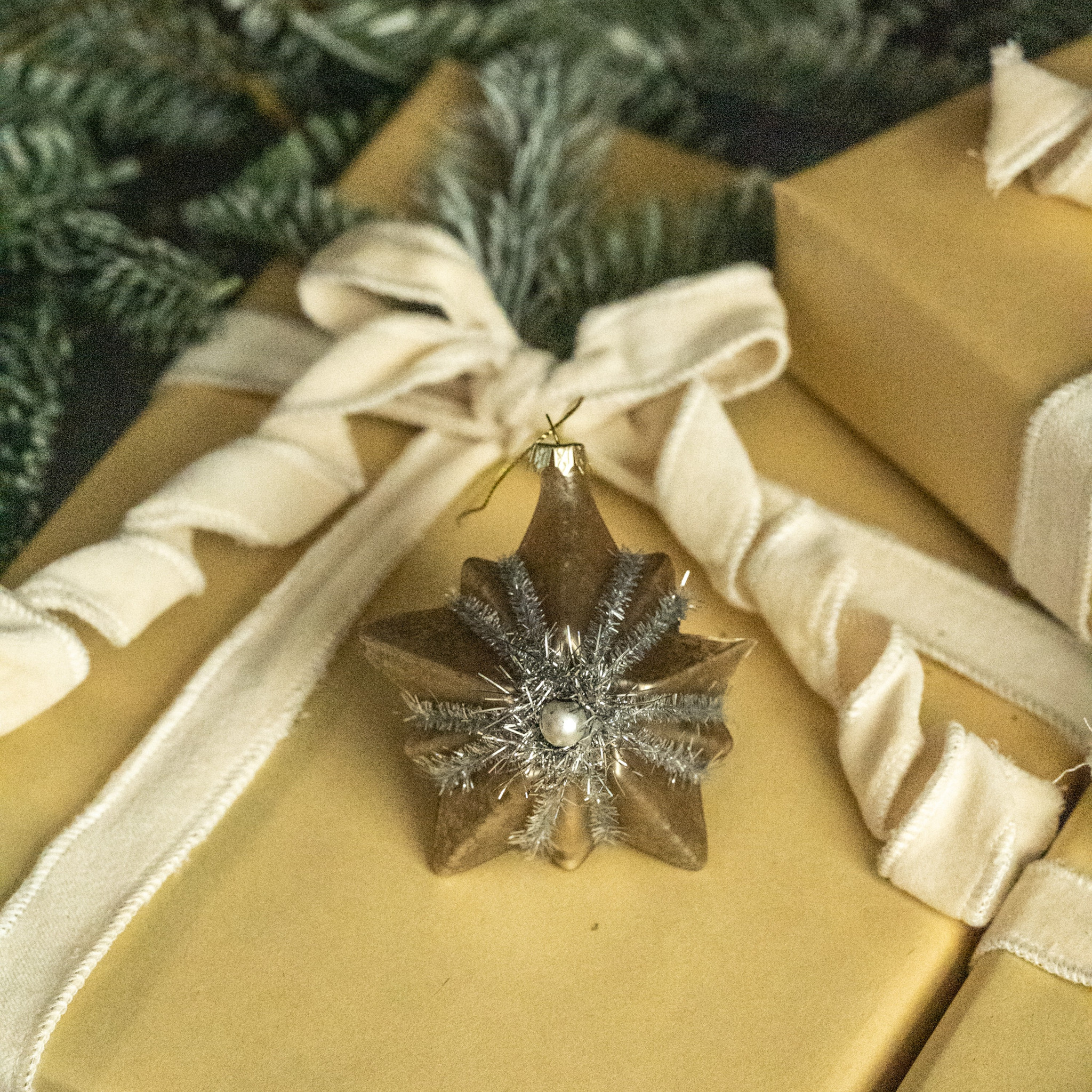 Silver Star Ornament with Silver Tinsel