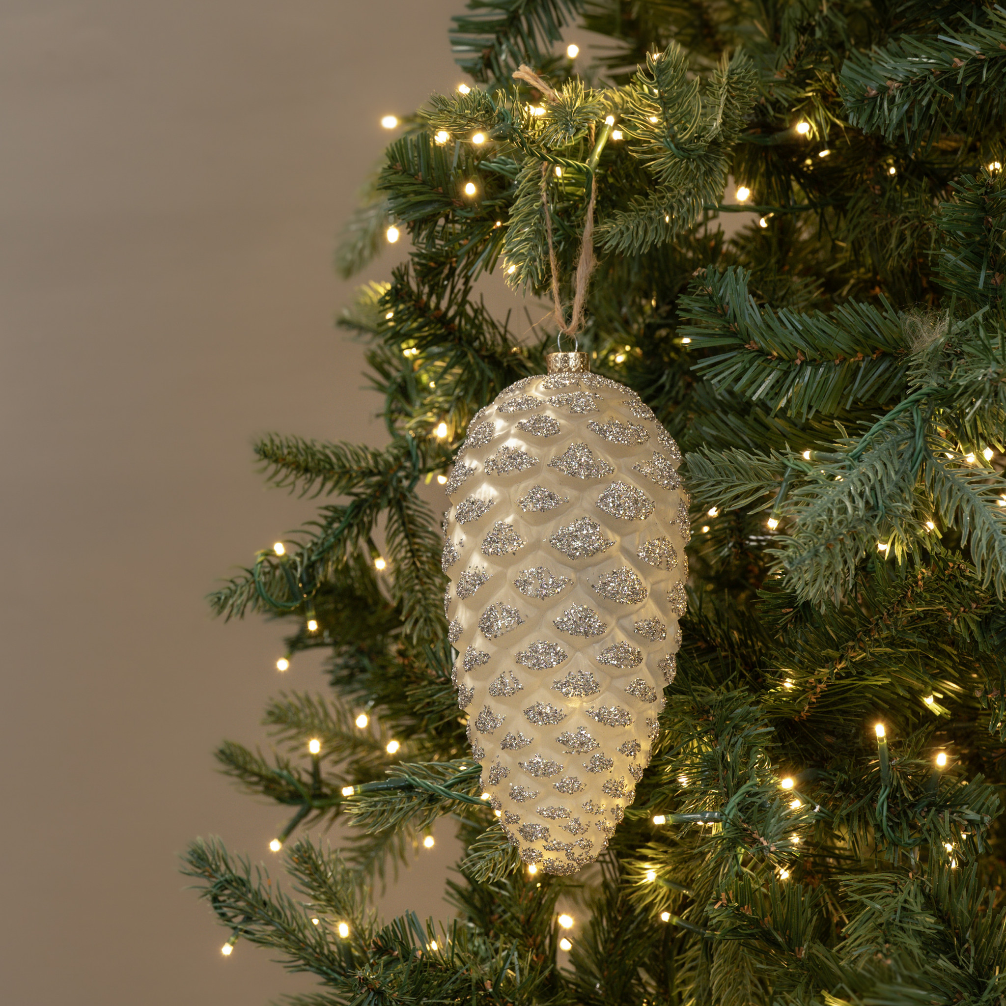 Cream Pinecone with Silver Glitter Ornament, 8.5"