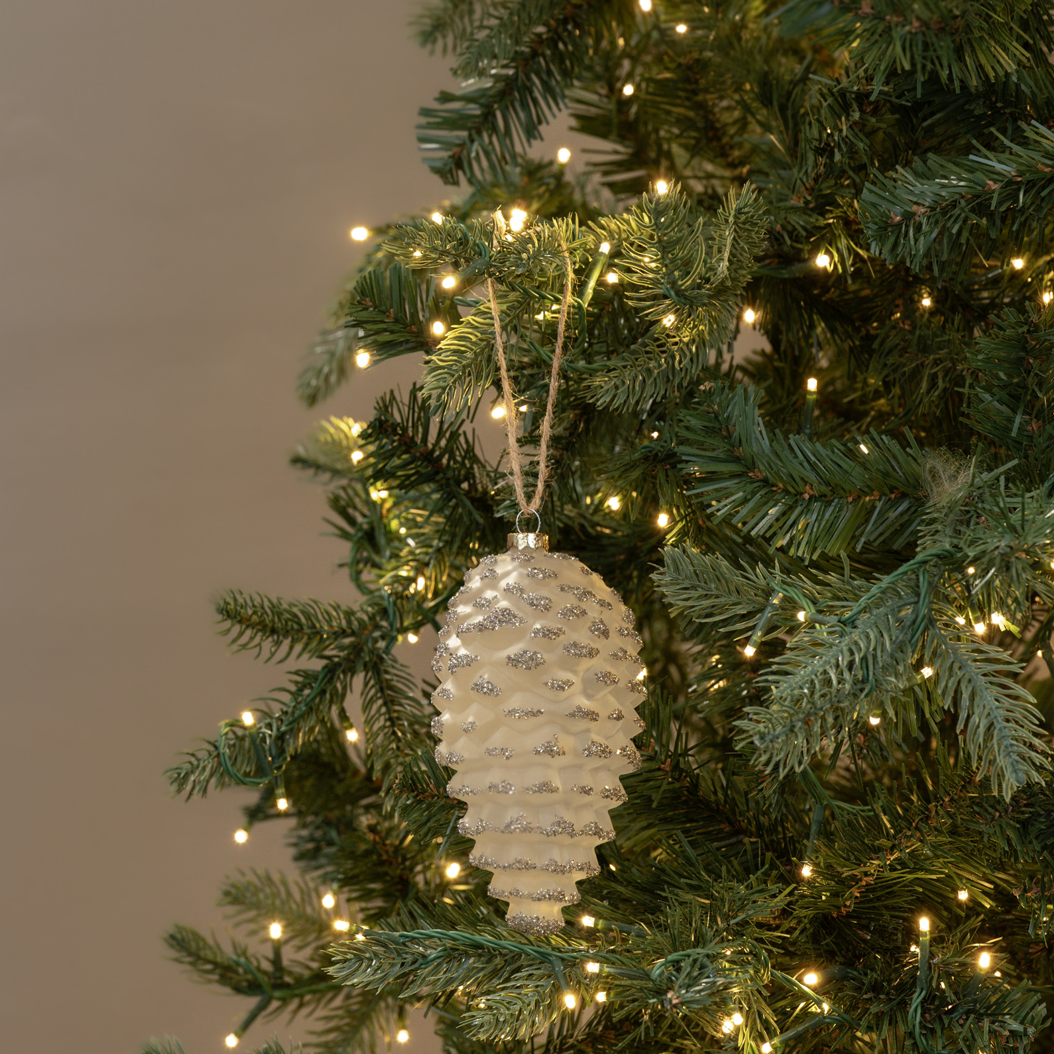 Cream Pinecone with Silver Glitter Ornament, 6"