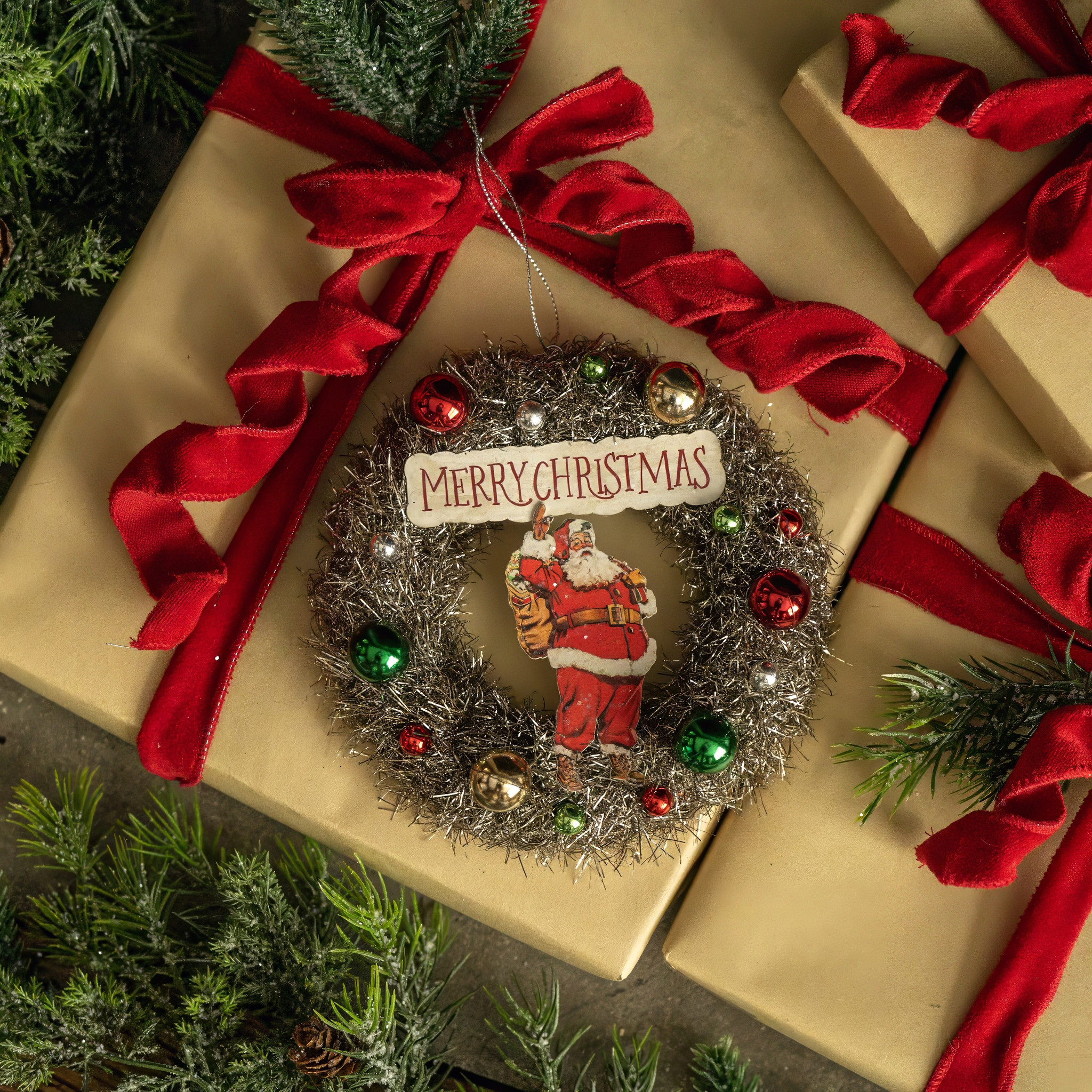 Merry Christmas Tinsel Wreath Ornament