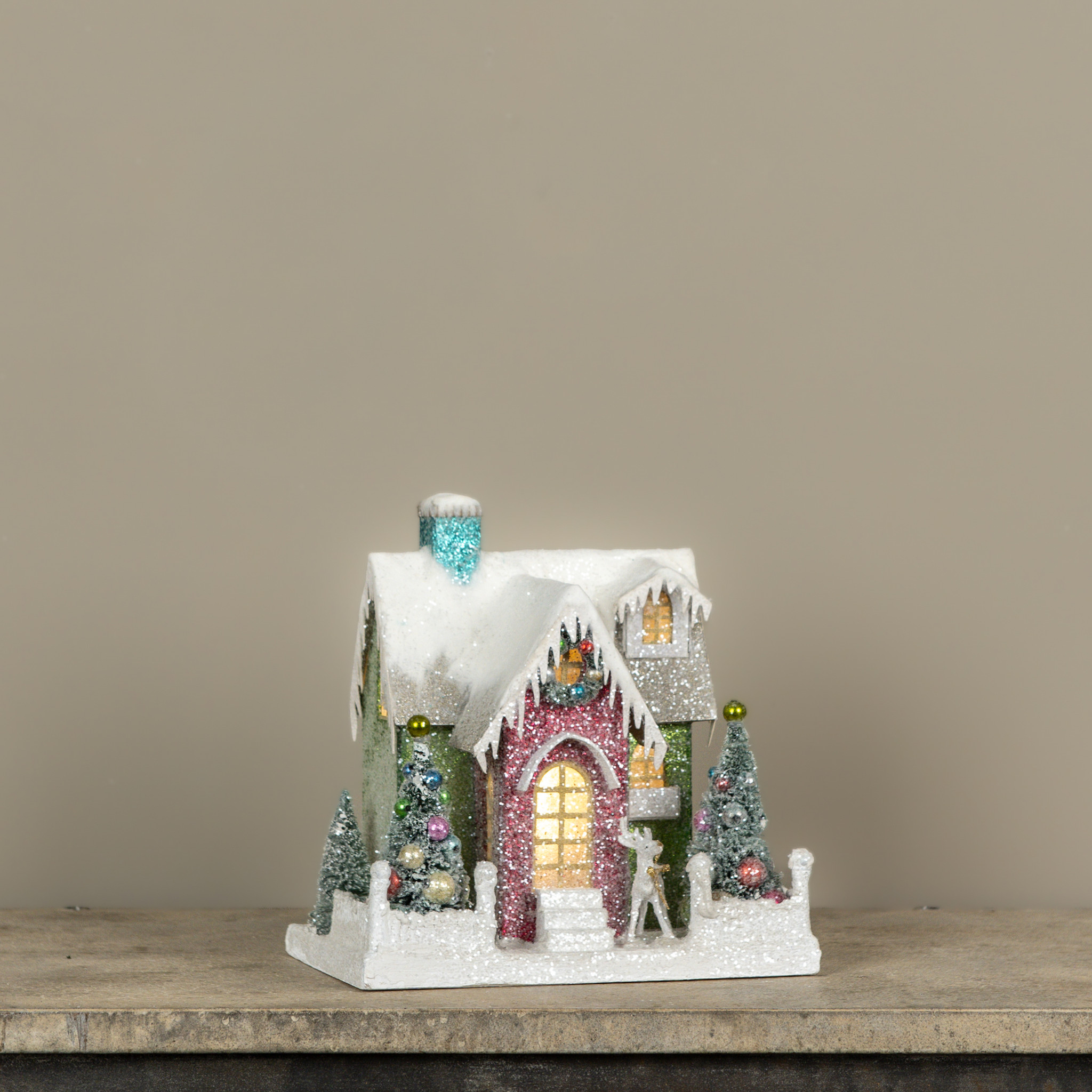 Lighted Colorful House with Teal Chimney