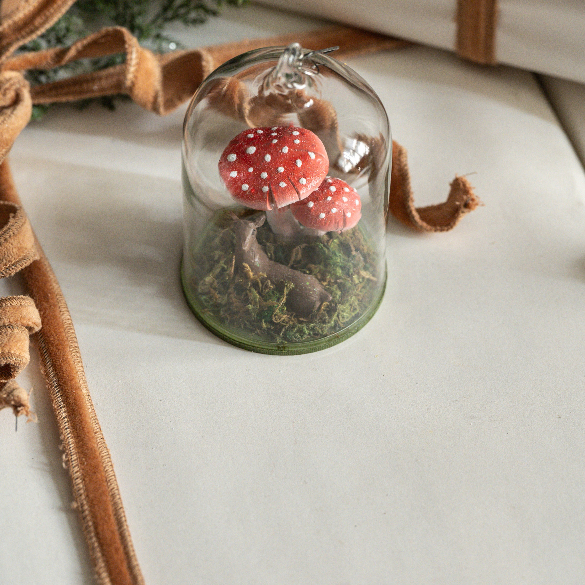 Deer & Mushrooms in Glass Dome Ornament