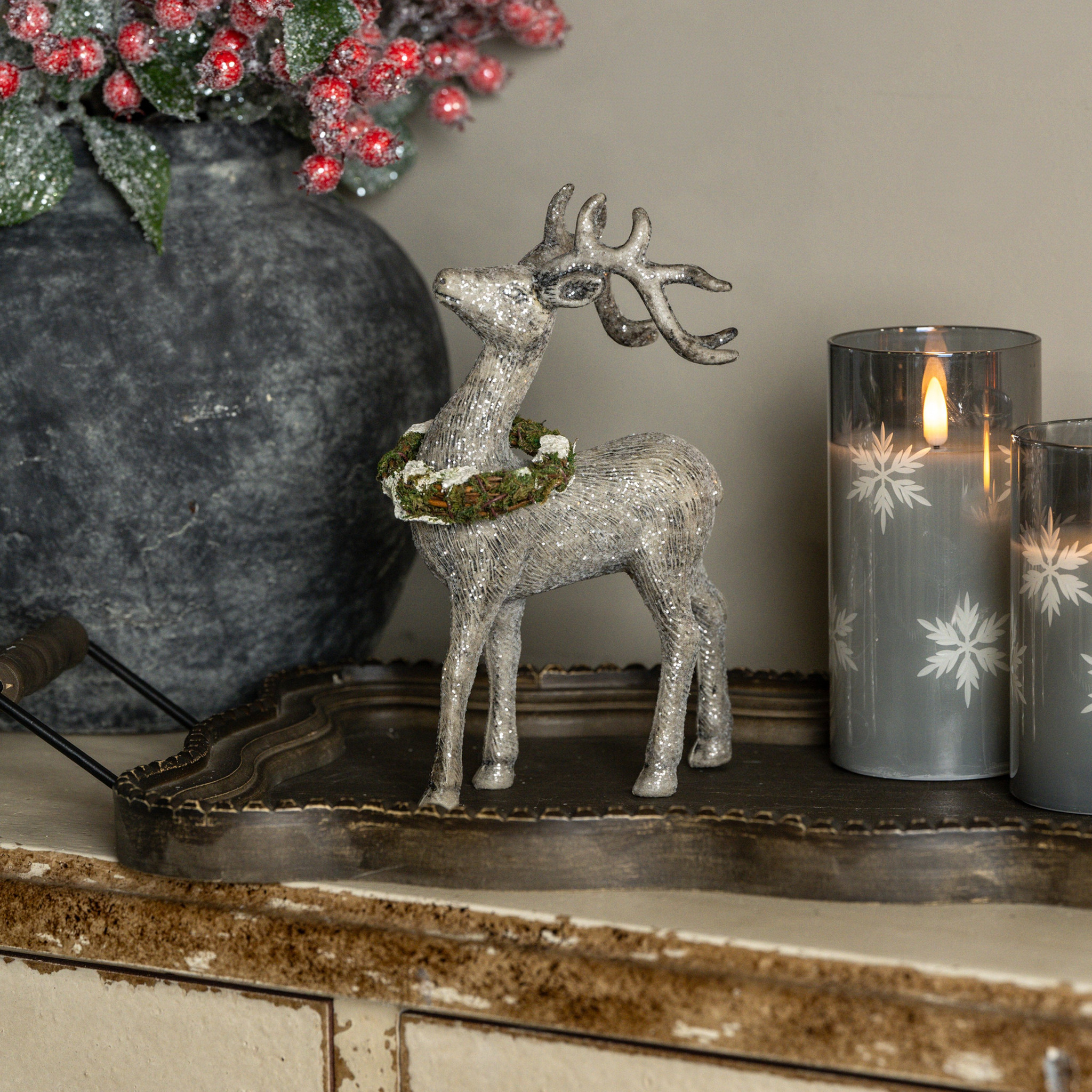 Glittered Standing Deer with Wreath
