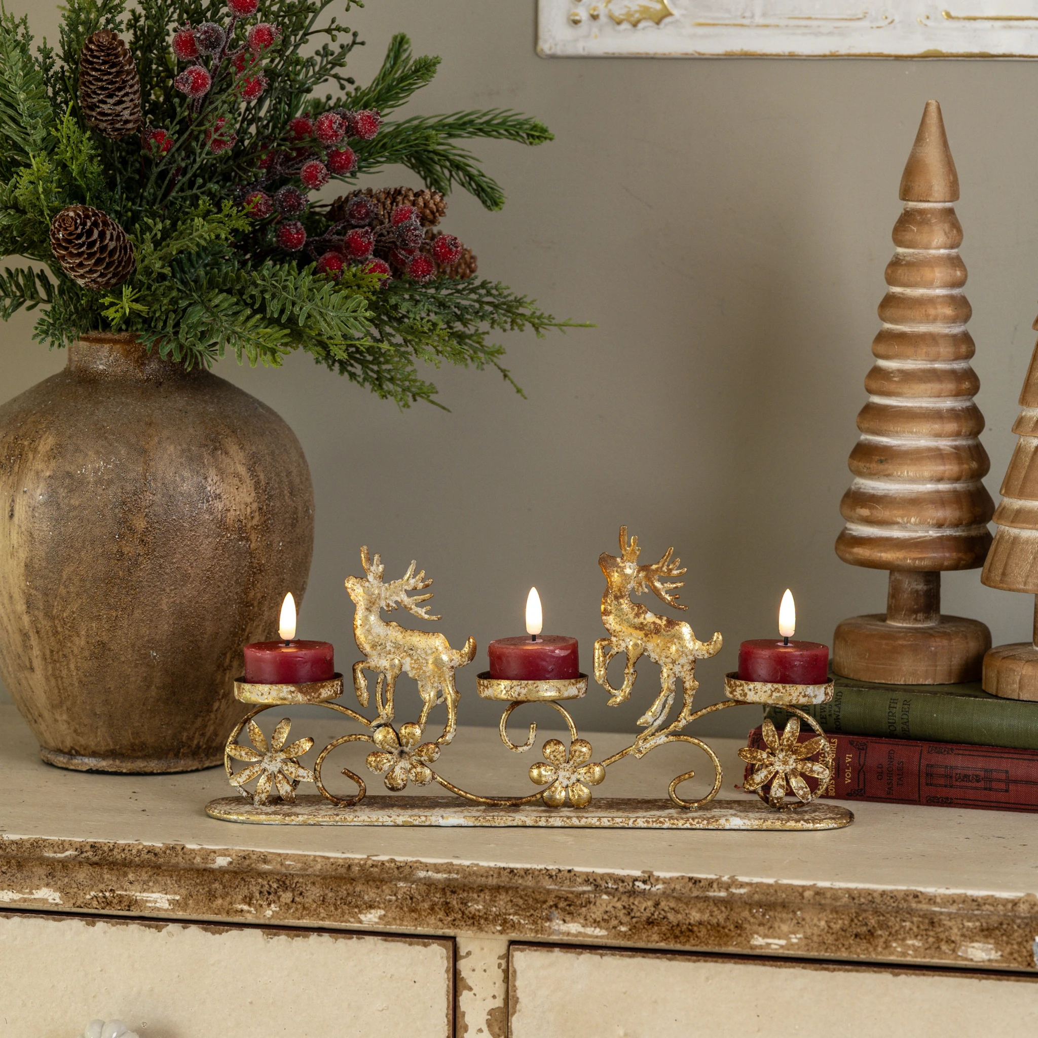 Gold Reindeer Pillar Tealight Holder, 13"