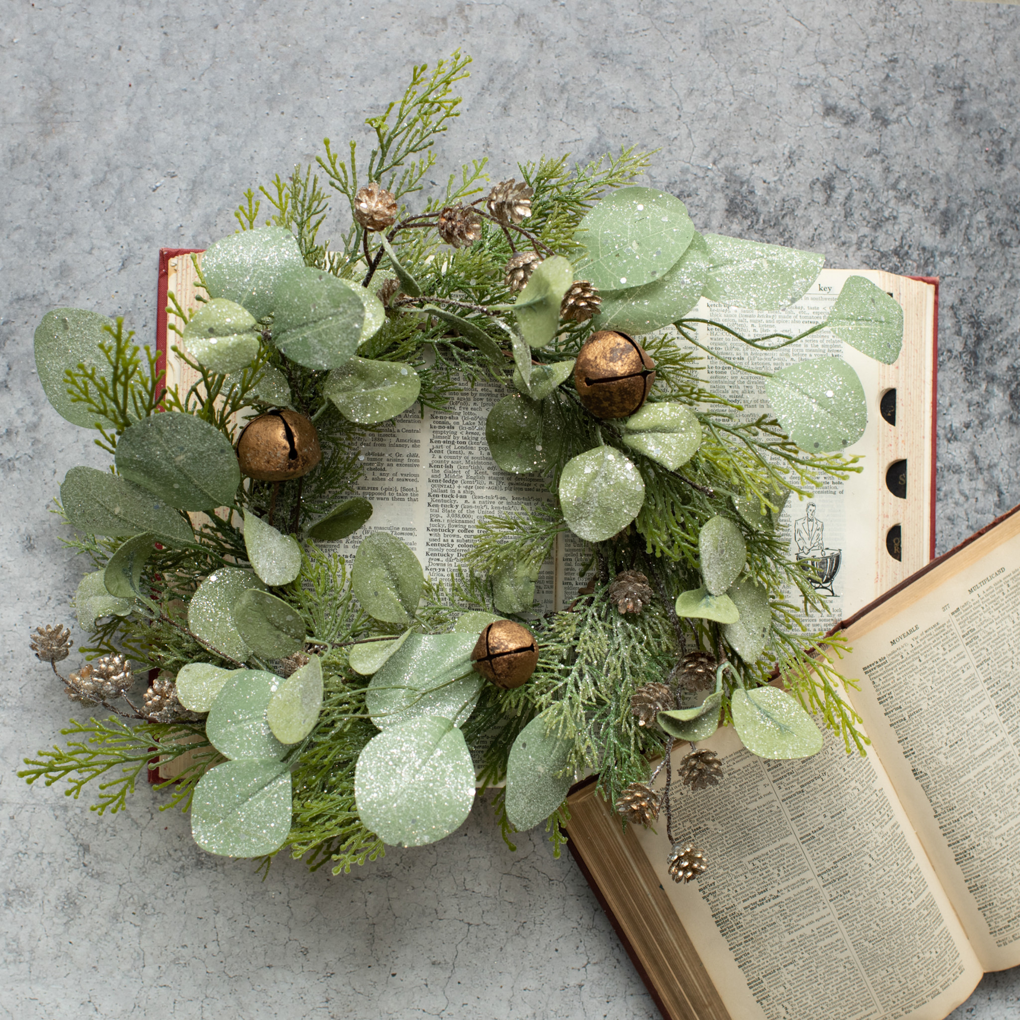 Cedar, Cones, Eucalyptus & Jingle Bell Candle Ring, 14"