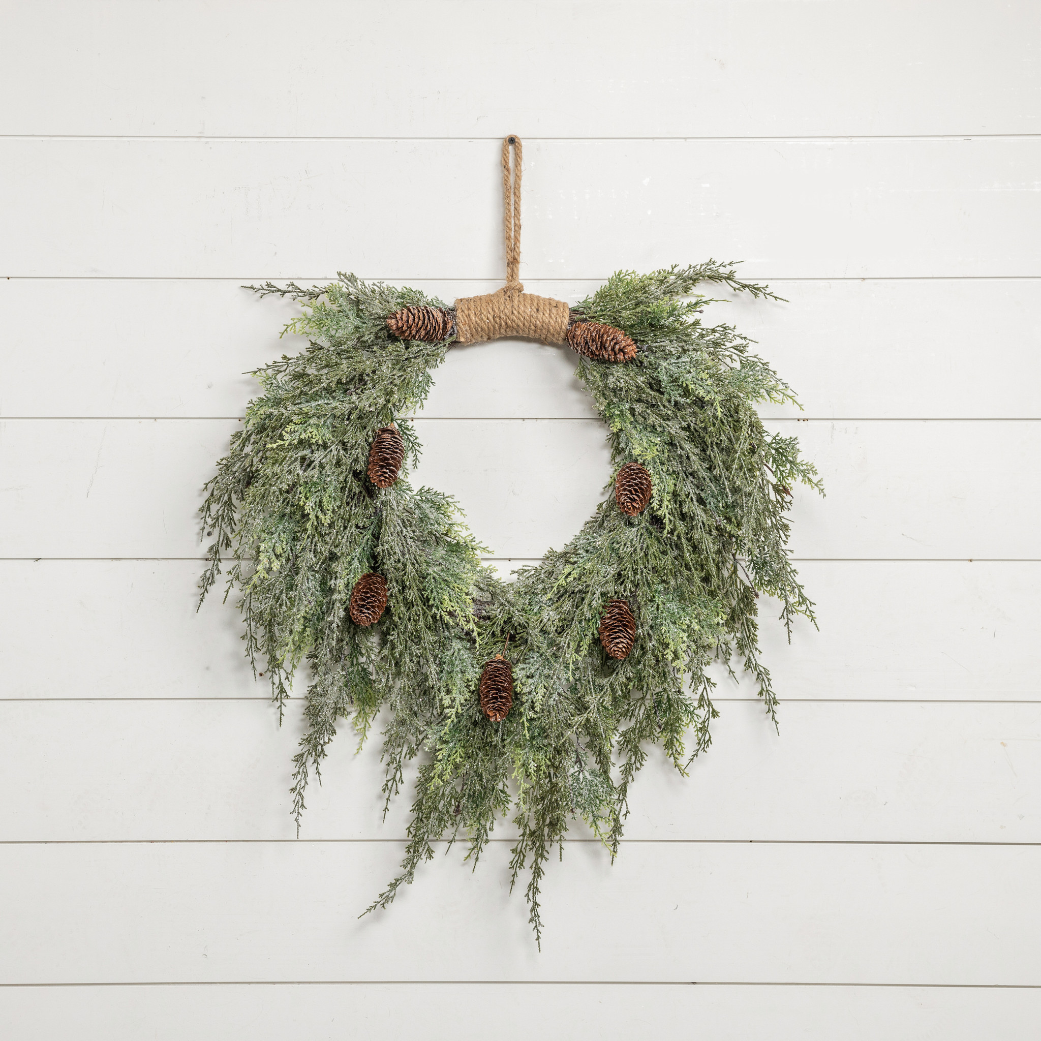 Dark Green Iced Cedar & Cones Hanging Wreath, 28", photo 3 of 5