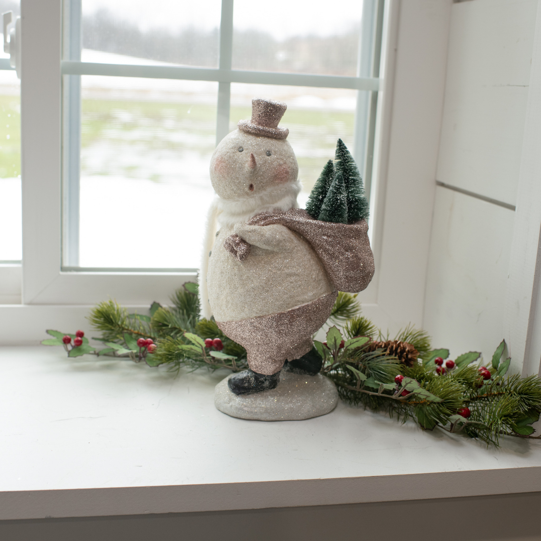 Surprised Snowman Carrying Trees, 12.5"