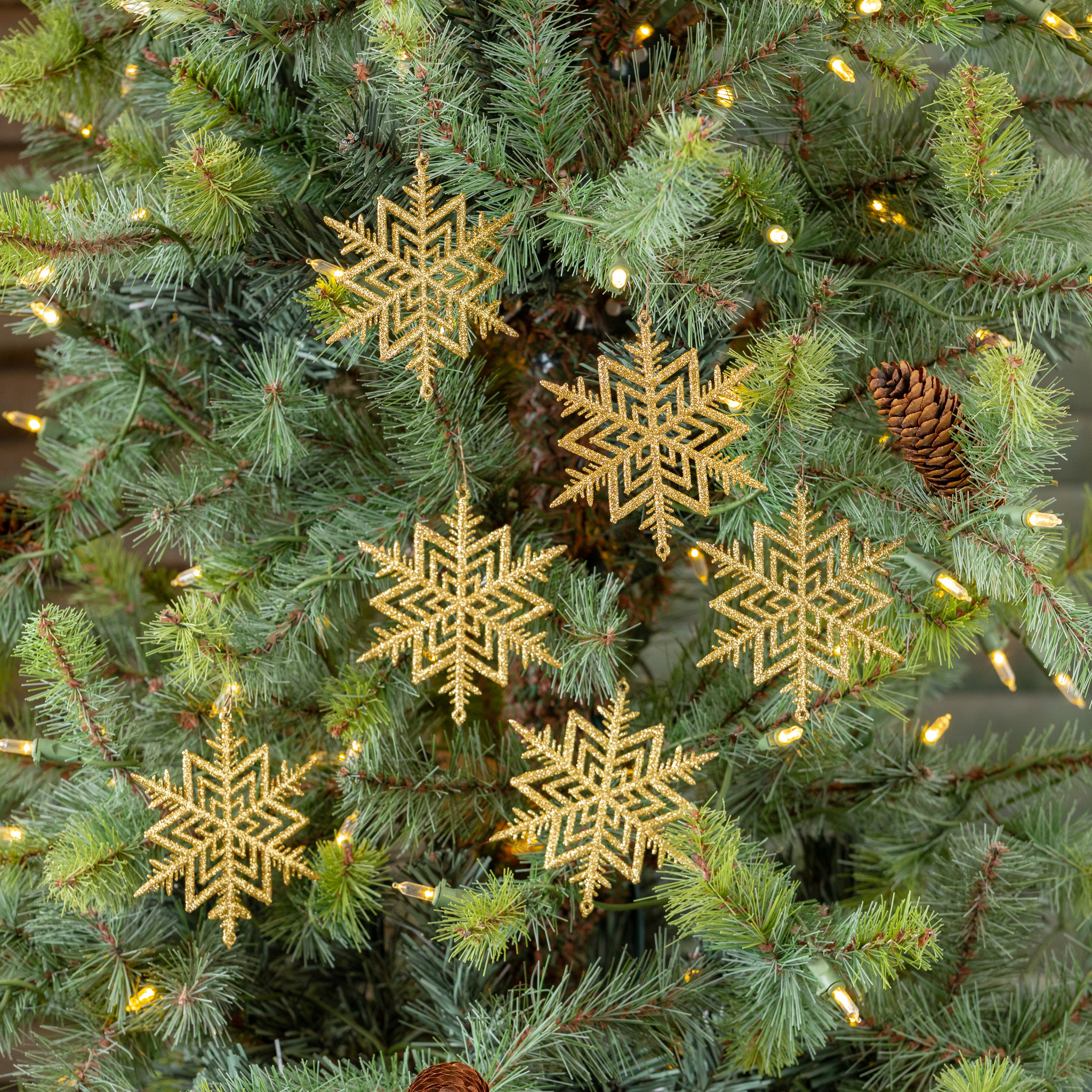 Gold Glitter Snowflake Ornaments, Set of 6