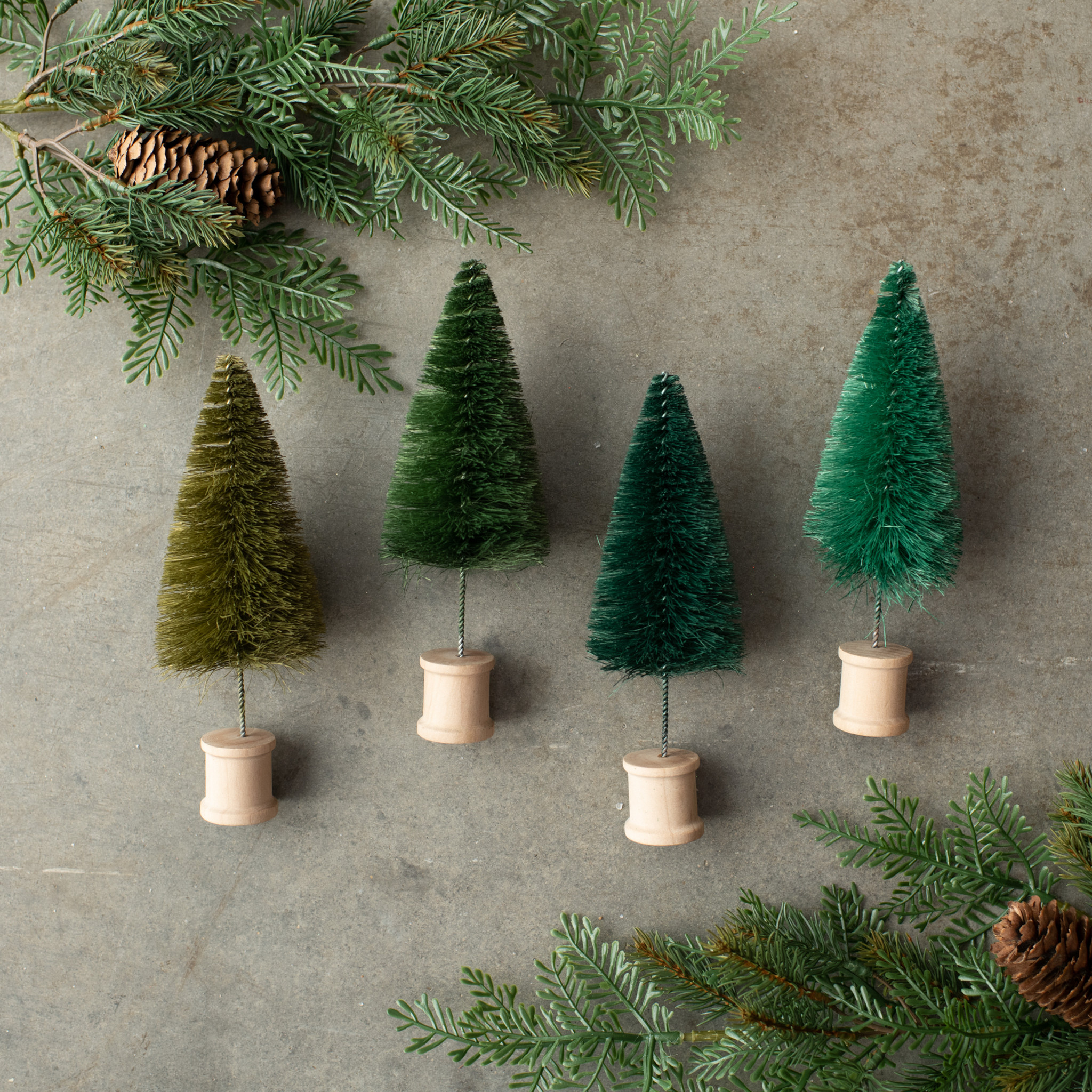 Green Bottlebrush Trees with Spool Bases, Set of 4