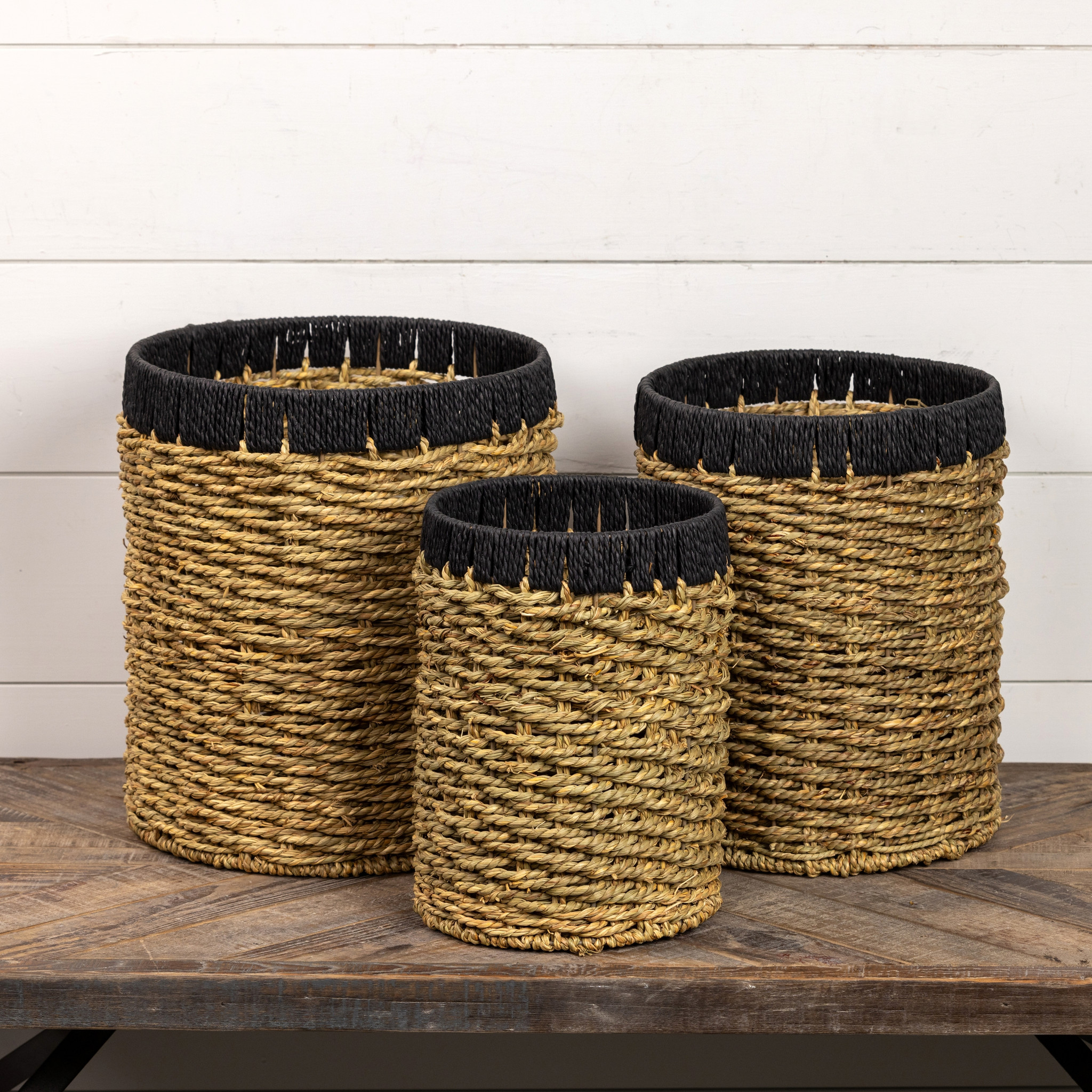 Woven Grass Basket with Black Trim, Set of 3