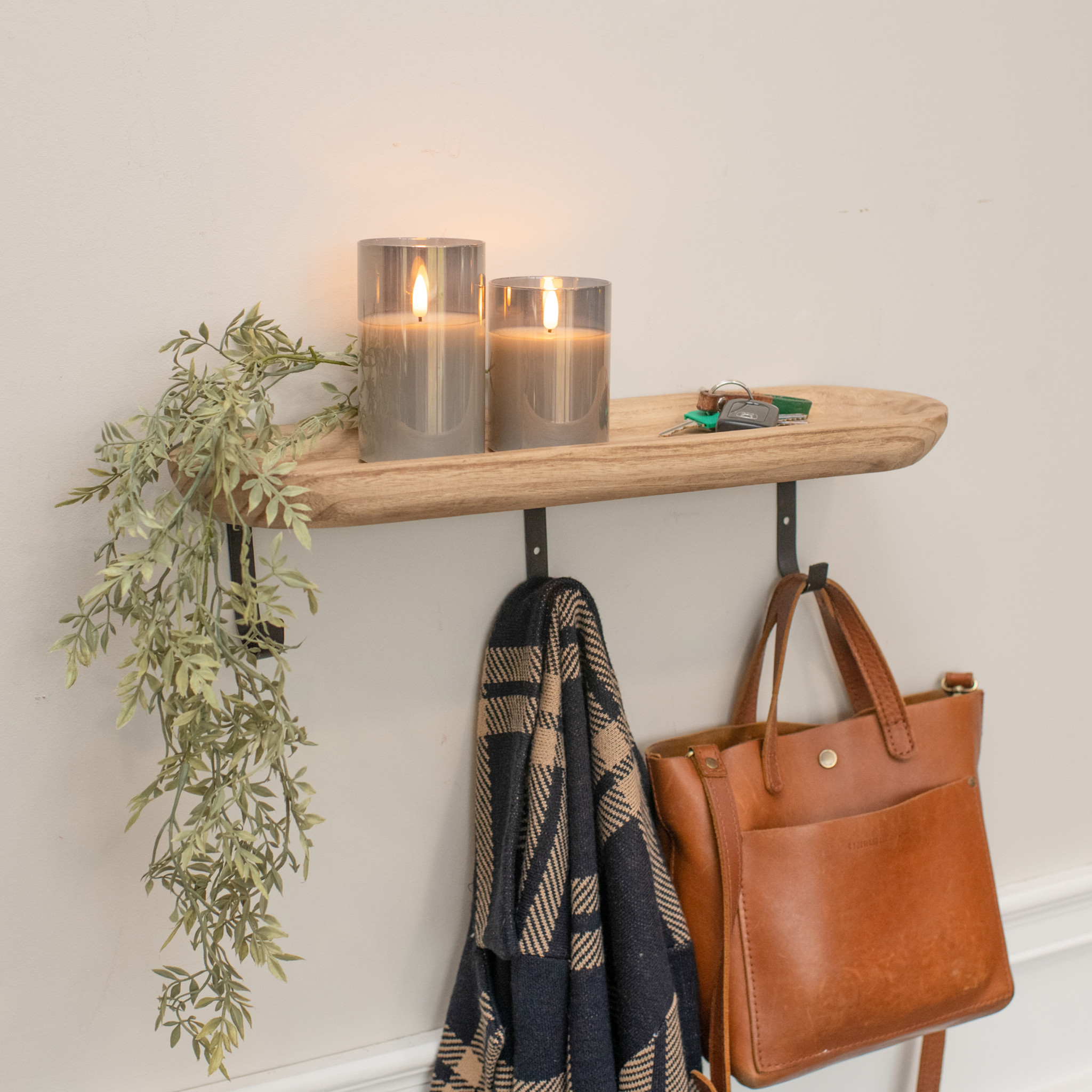 Wood Shelf with Wall Hooks, 20"