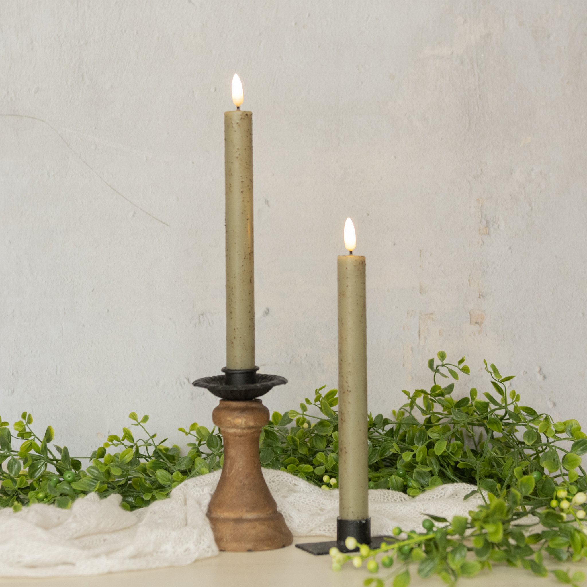 Flameless Green Taper Candles, Set of 2, 9.5"