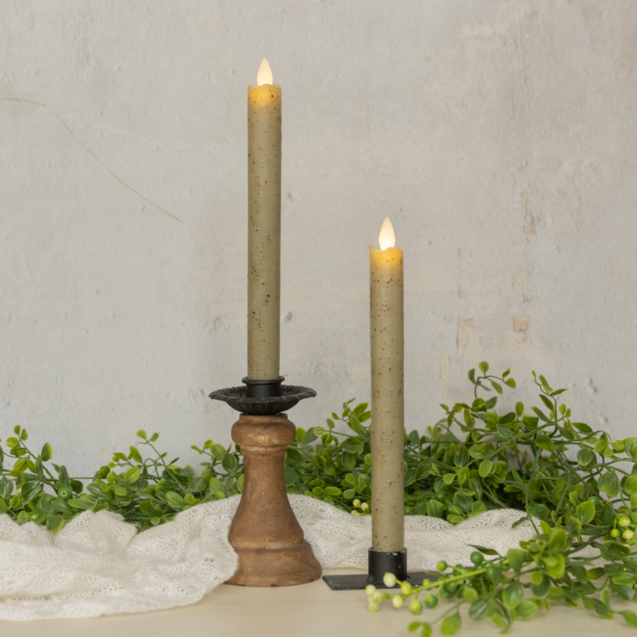 Flameless Green Taper Candles, Set of 2, 9.5"