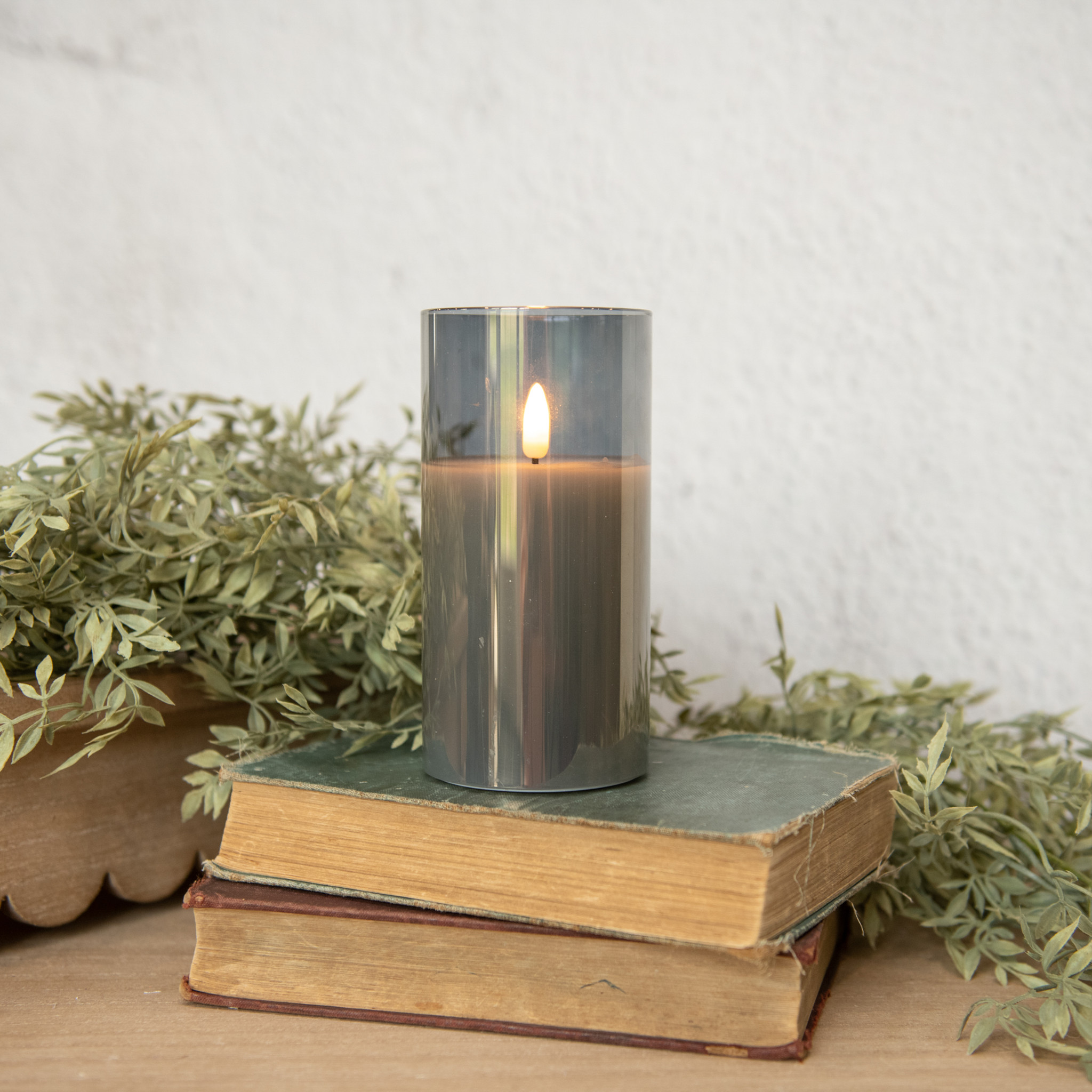 Flameless Charcoal Glass Candle, 6"