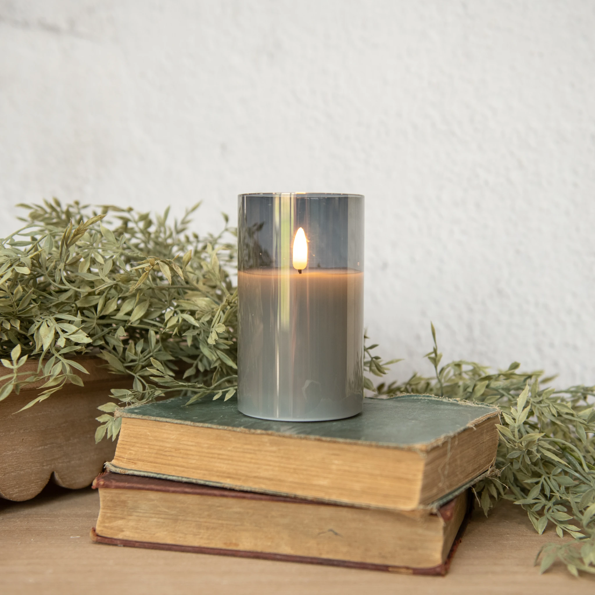 Flameless Charcoal Glass Candle, 5"
