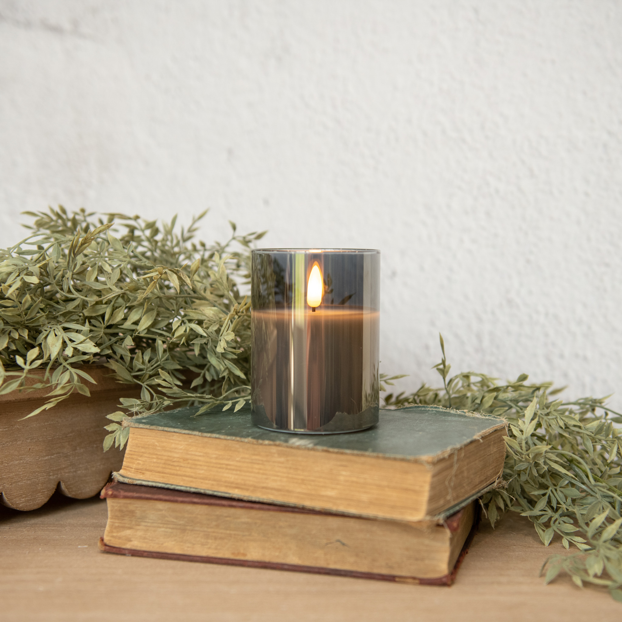 Flameless Charcoal Glass Candle, 4"