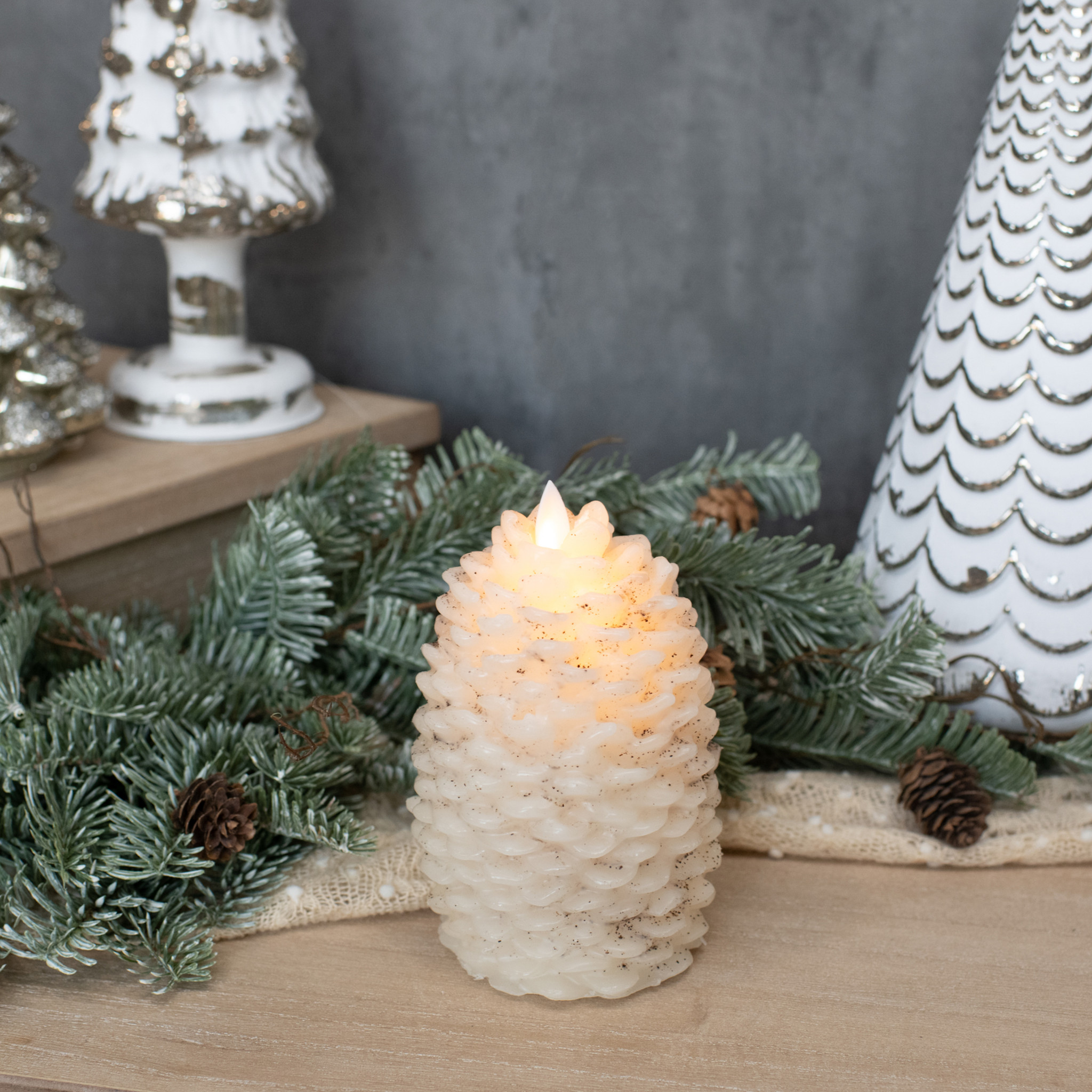 Flameless Cream Pinecone Candle, 6", photo 4 of 5