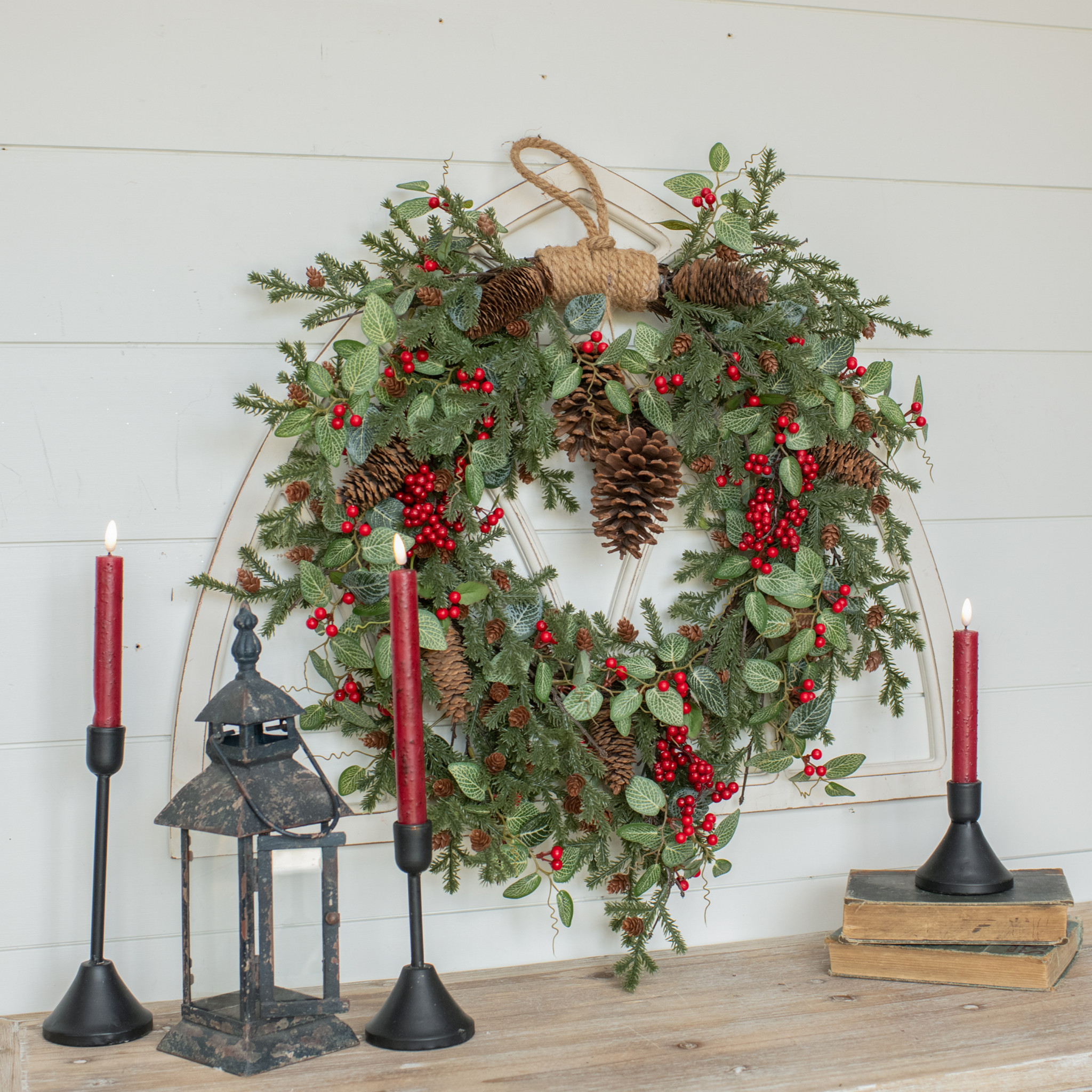 Fittonia, Holly & Pine with Berries Hanging Wreath, 24", photo 2 of 3