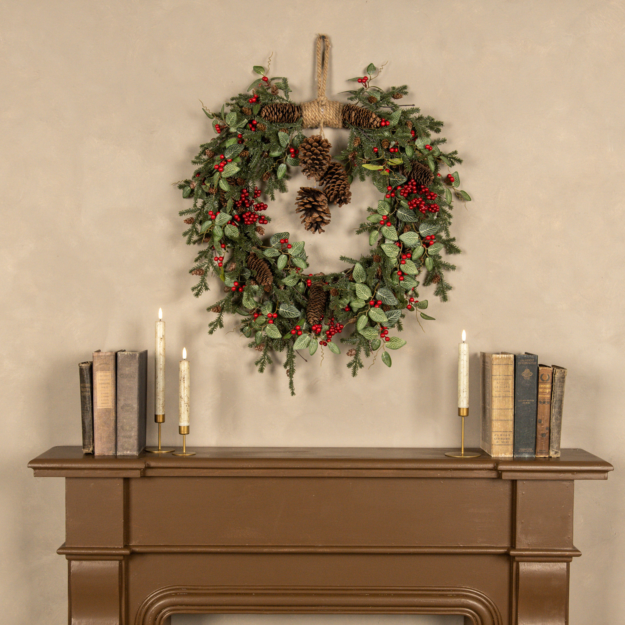Fittonia, Holly & Pine with Berries Hanging Wreath, 24"