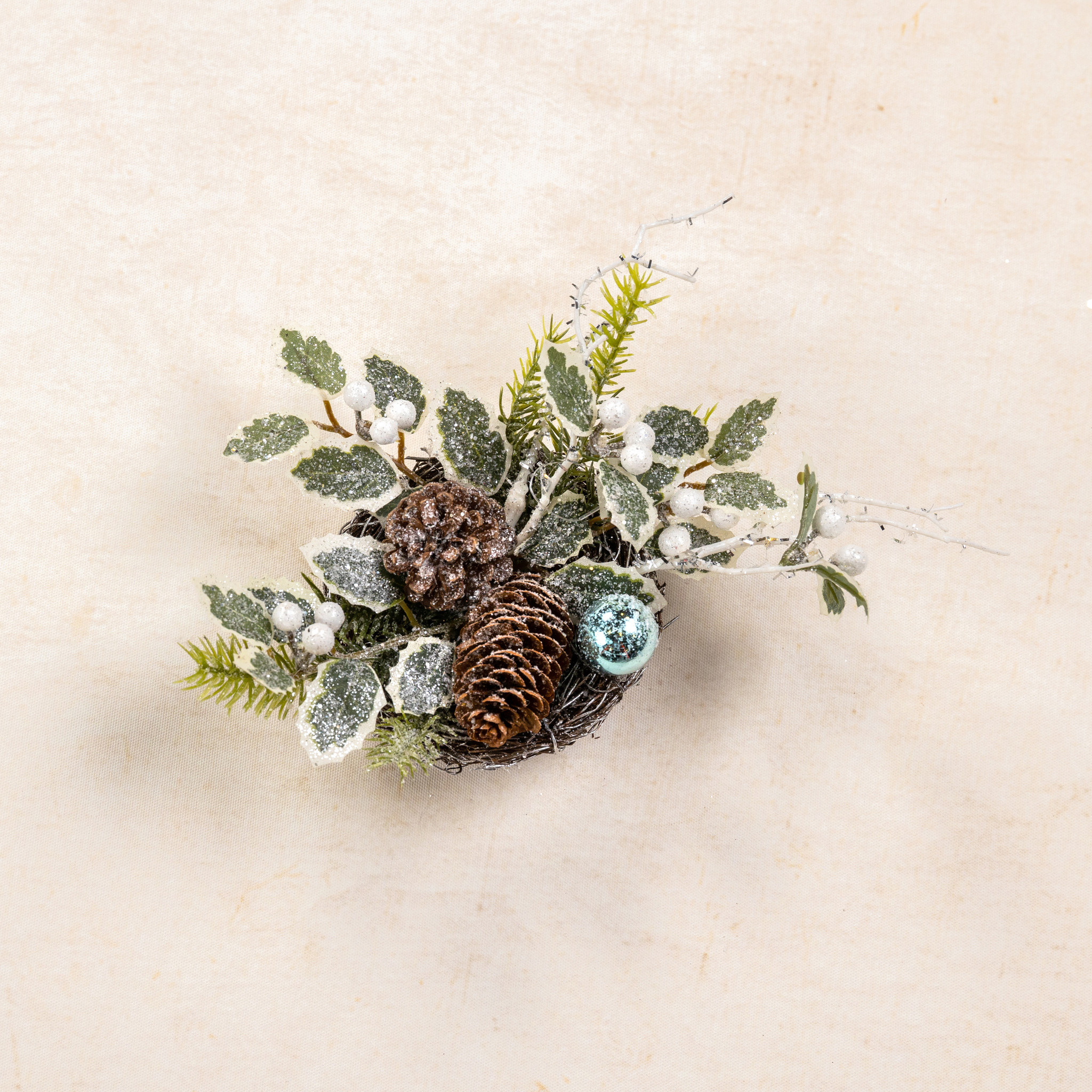 Iced Holly & Cones Birdnest Table Piece, 7", photo 3 of 3
