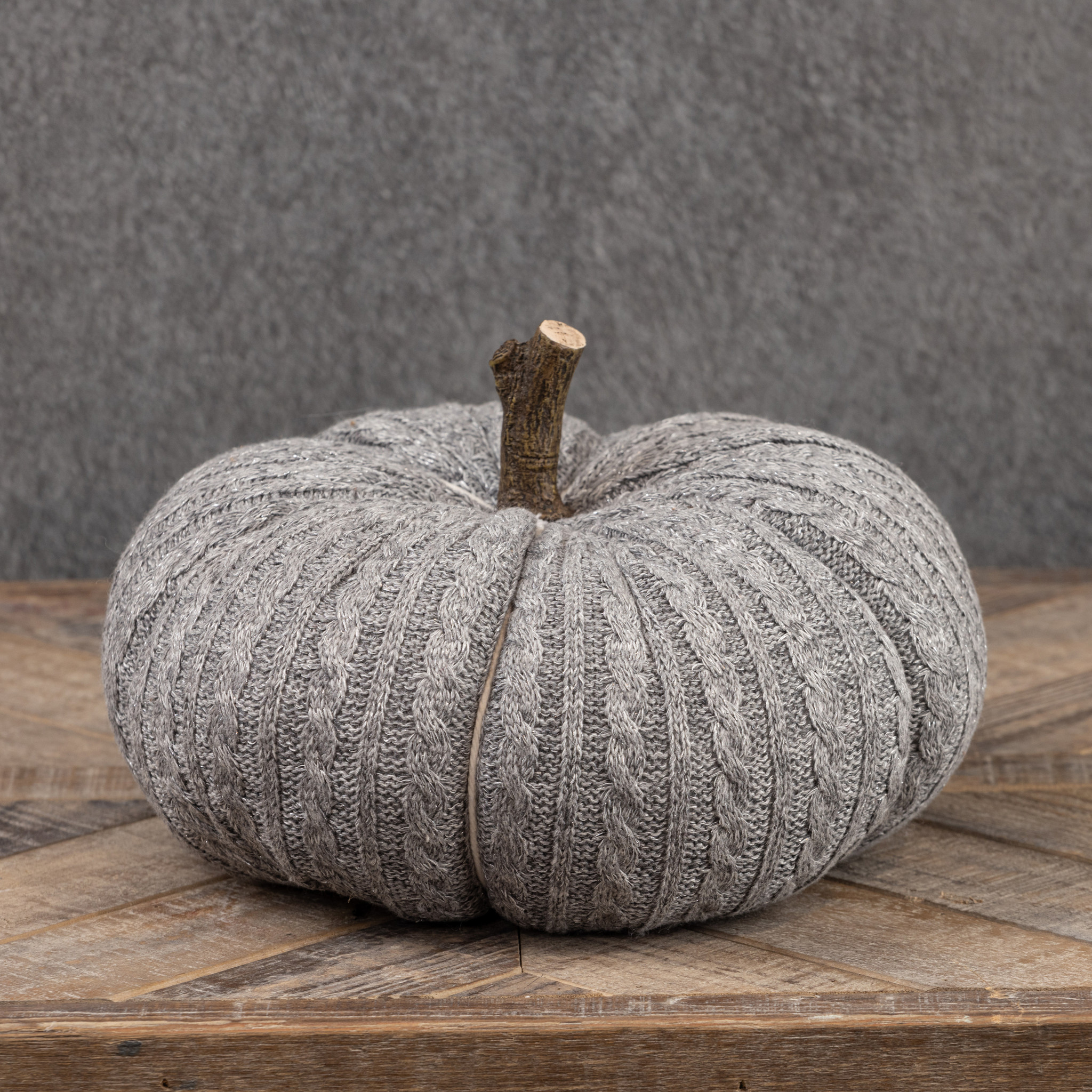 Silver Flecked Grey Fabric Pumpkin with Faux Wood Stem, 7.5", photo 2 of 3