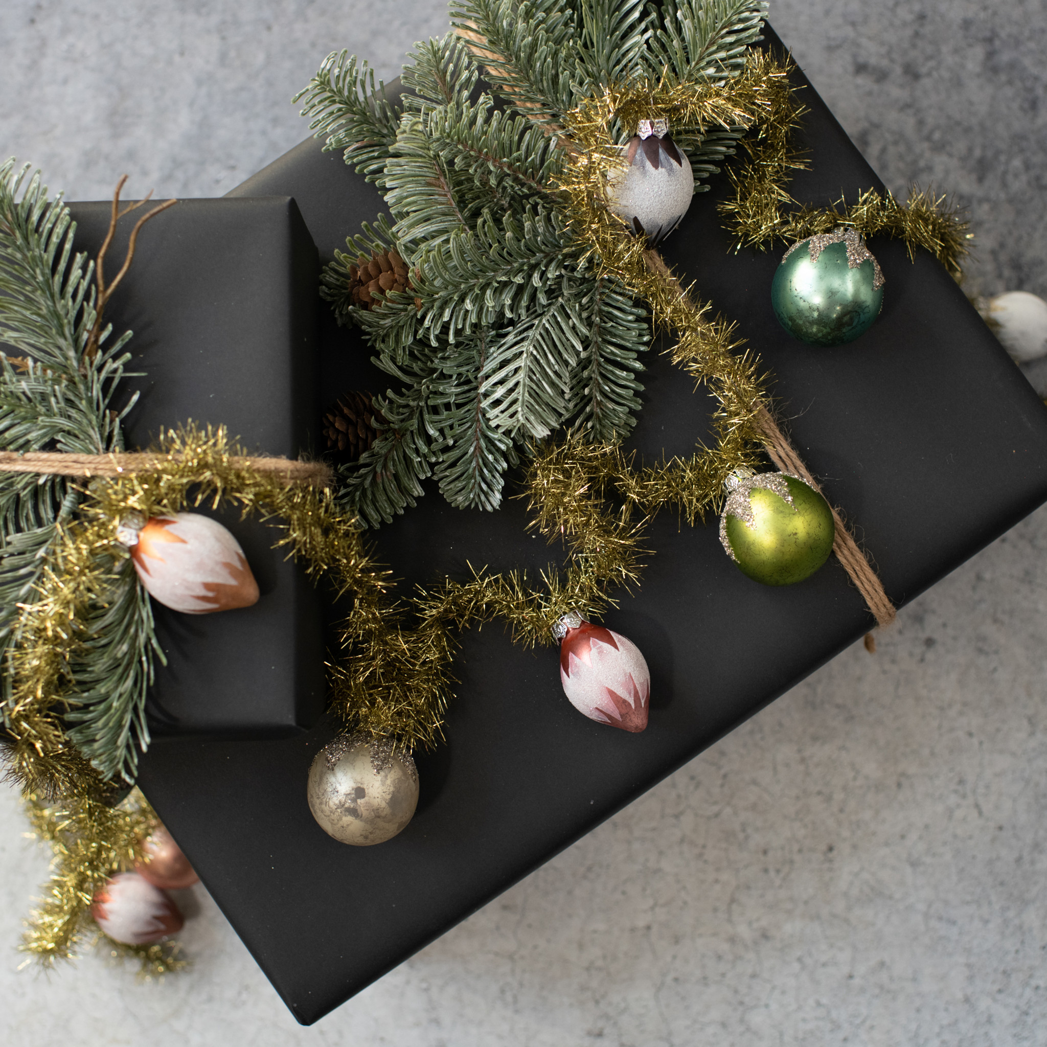 Gold Tinsel Garland with Glass Bulbs, 6 ft