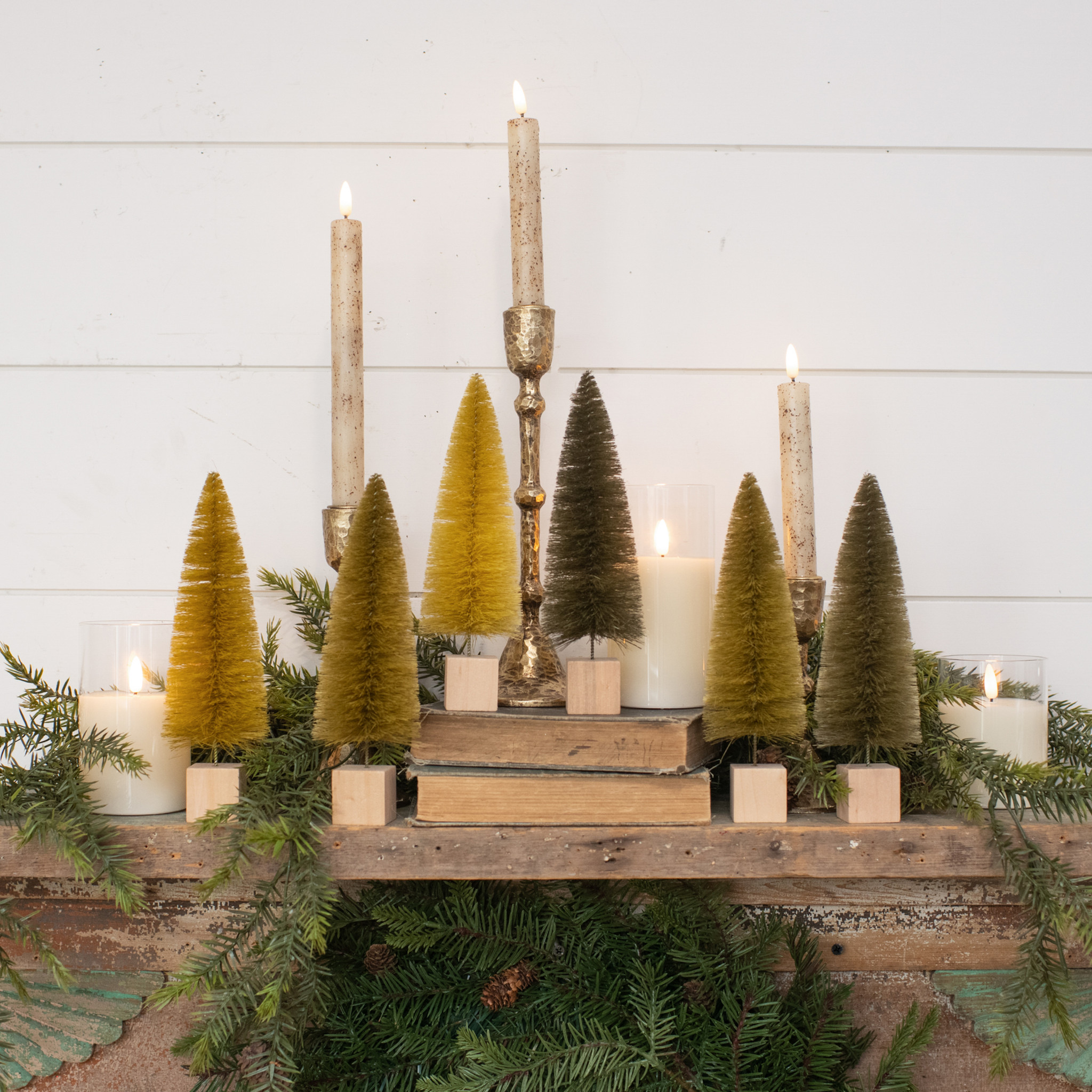 Mustard Hues Bottlebrush Trees, Set of 6, 9"