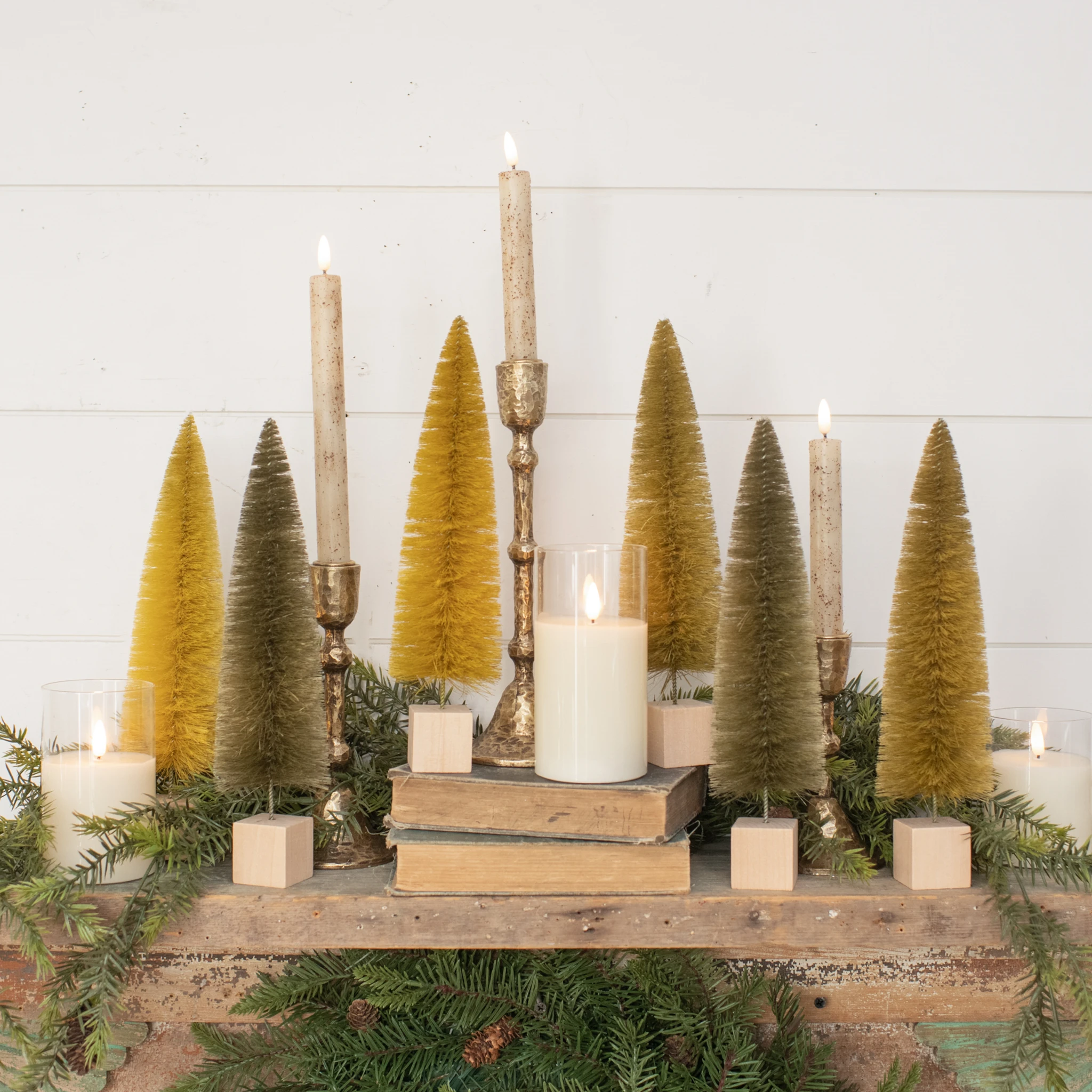 Mustard Hues Bottlebrush Trees, Set of 6, 12"