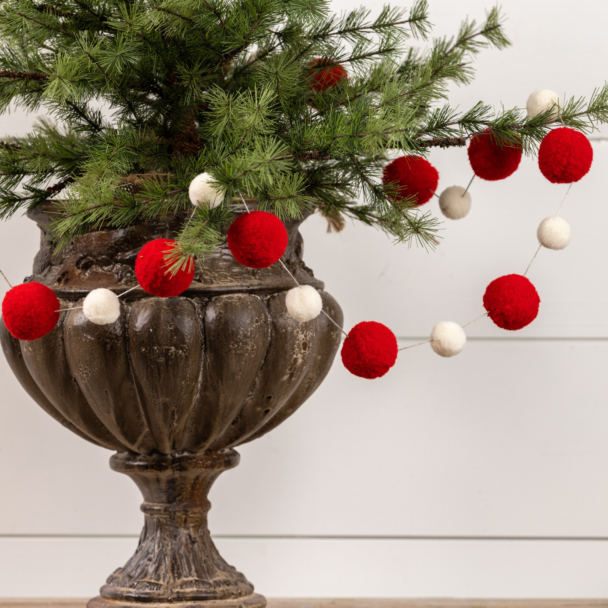 Red & White Pom Pom Garland, 6 ft