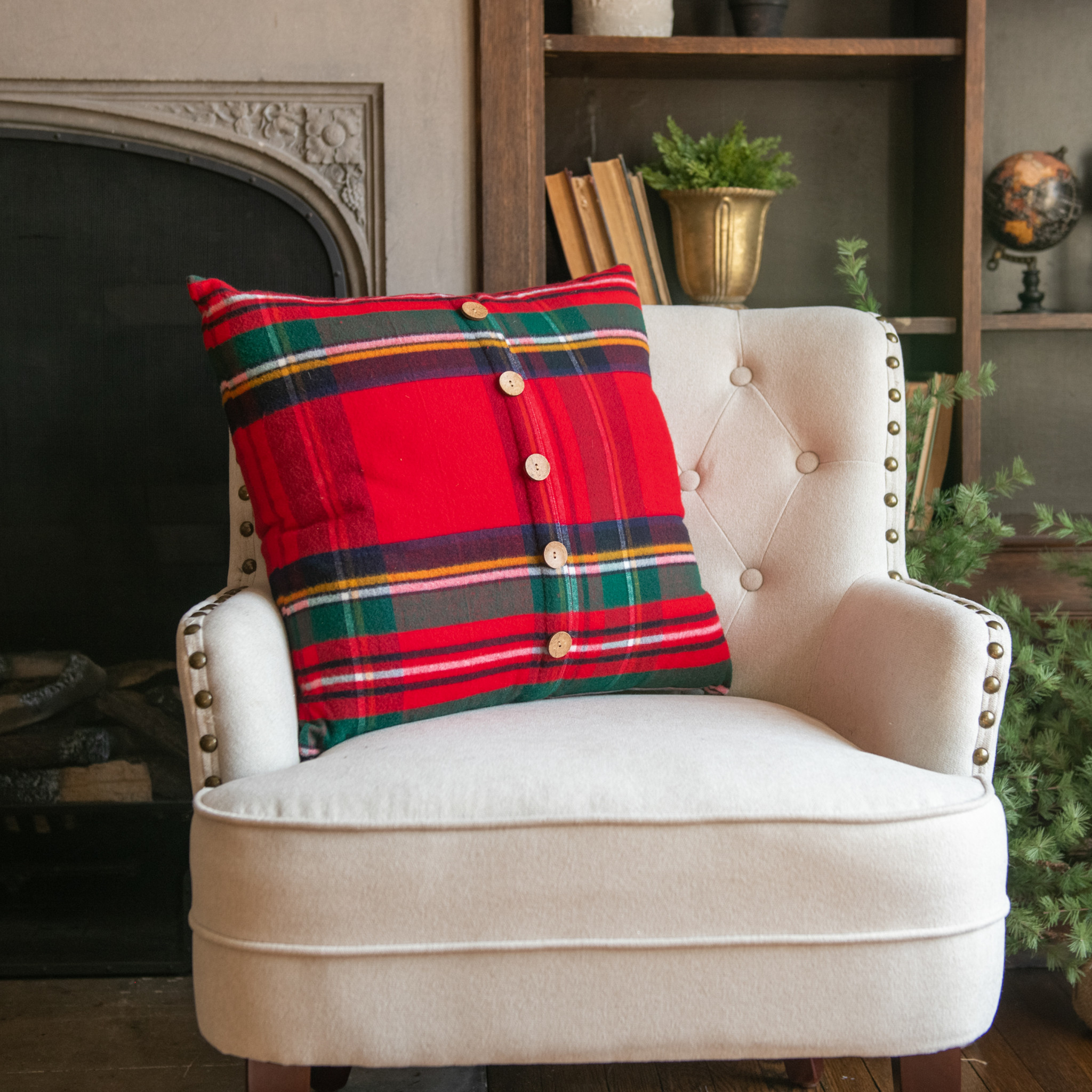 Square Red Tartan Pillow, 20"