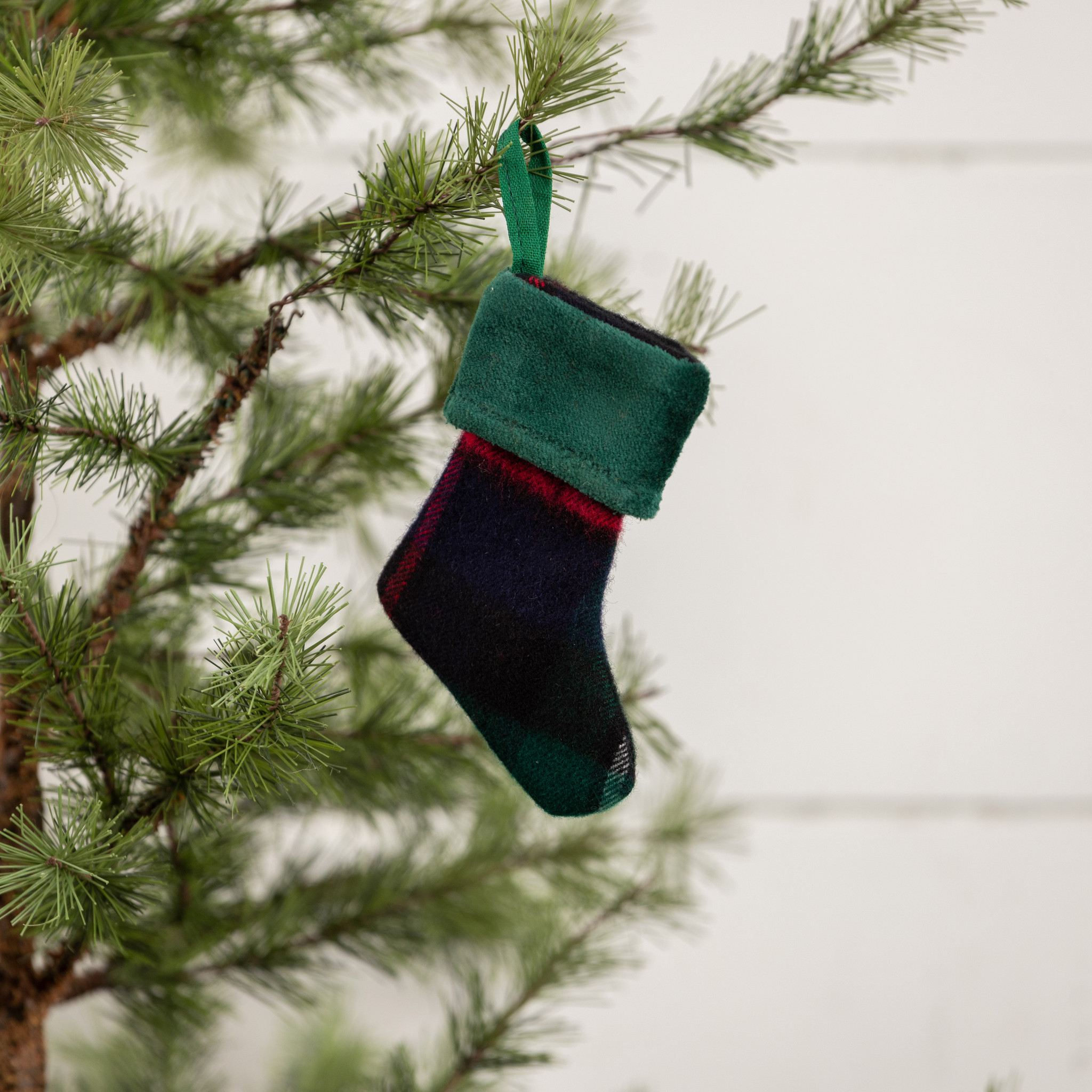 Tartan Stocking Ornament with Green Cuff, 4"