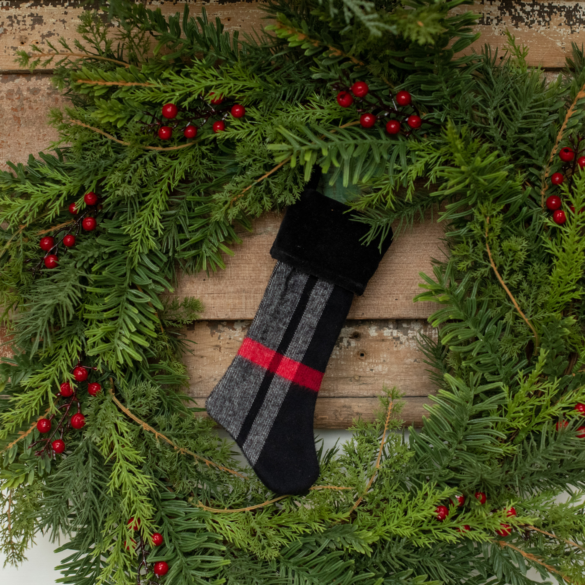 Tartan Stocking Ornament with Black Cuff, 8"