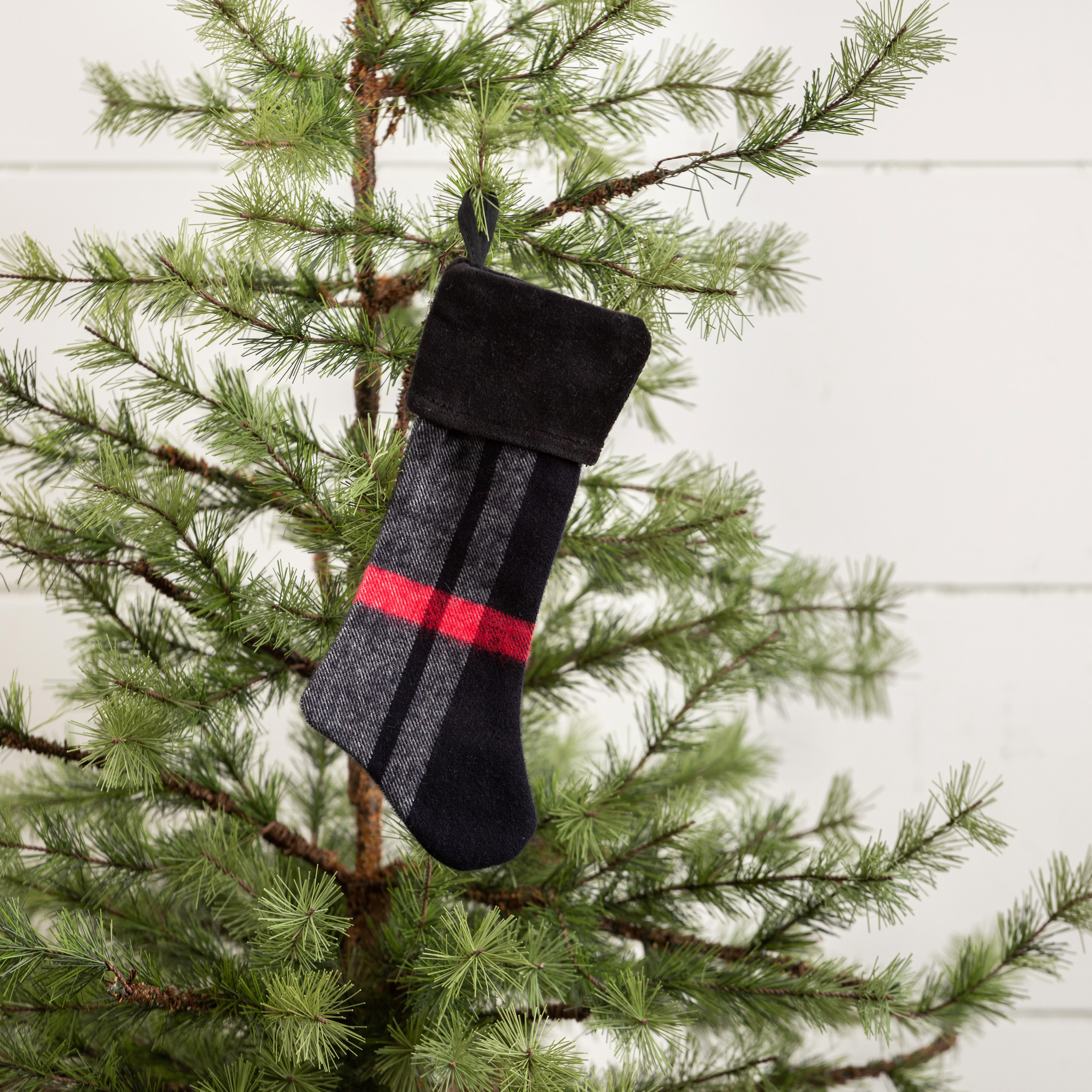 Tartan Stocking Ornament with Black Cuff, 8"