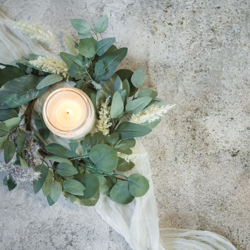 14" EUCALYPTUS W/ CREAM & PURPLE HEATHER CANDLE RING