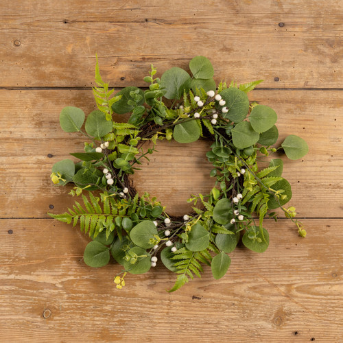 14" GREEN & WHITE MIXED FOLIAGE W/ BERRIES CANDLE RING
