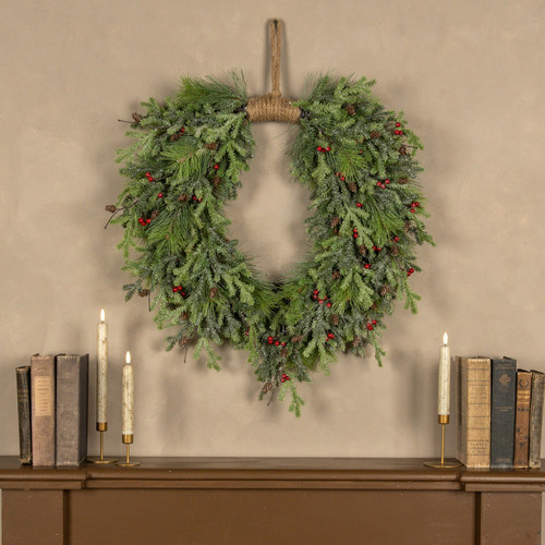 30" GLITTERED PINE & RED BERRY HANGING WREATH