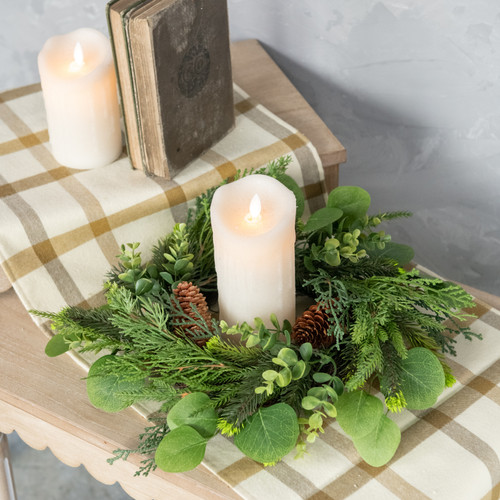 14" MIXED ANGEL PINE, BOXWOOD & PINECONE CANDLE RING