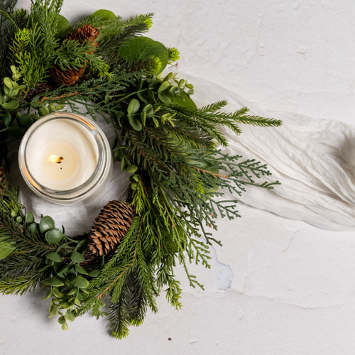 14" MIXED ANGEL PINE, BOXWOOD & PINECONE CANDLE RING